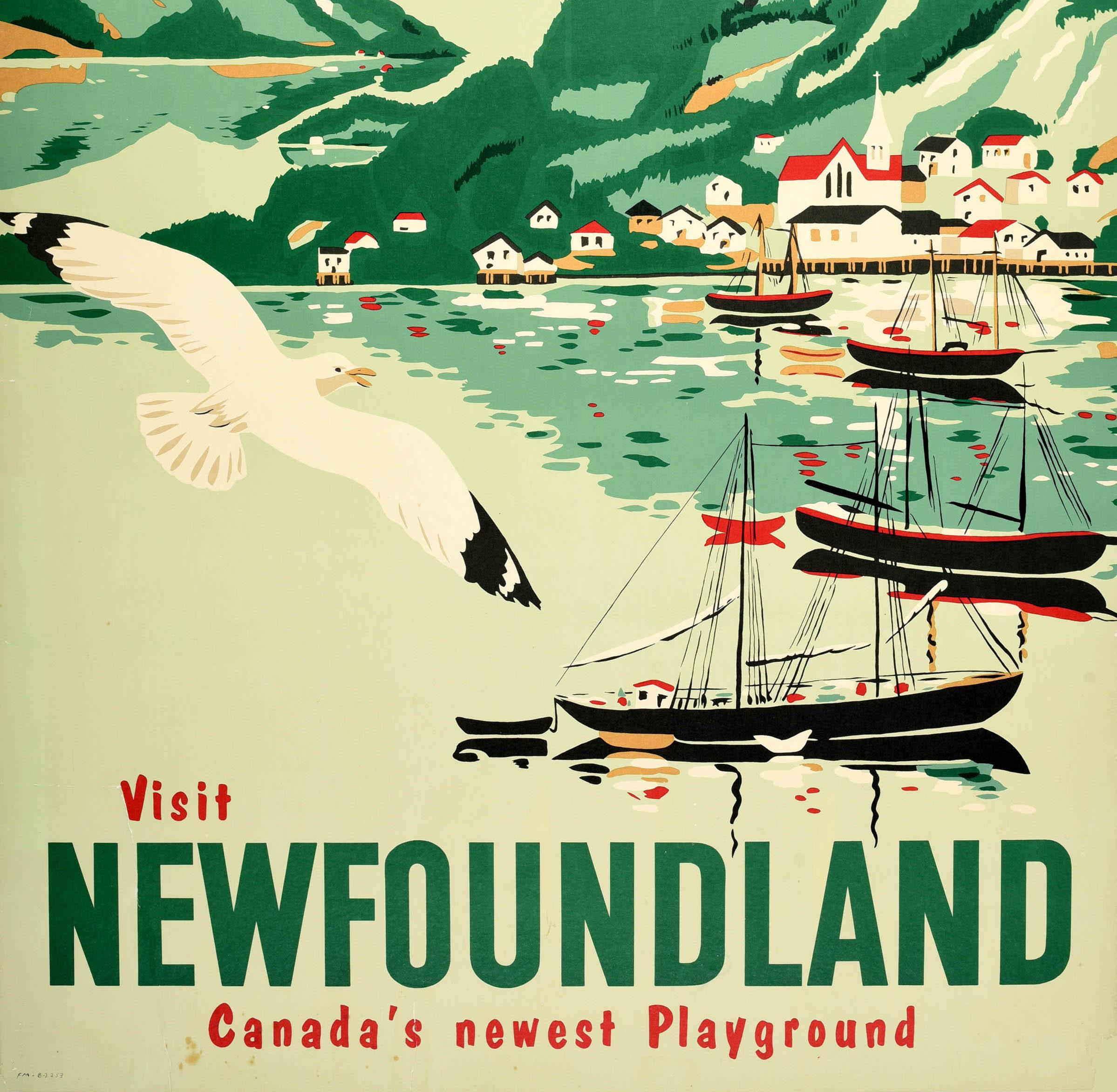 Canadian Original Vintage Travel Poster Visit Newfoundland Canada Playground Harbour Art For Sale