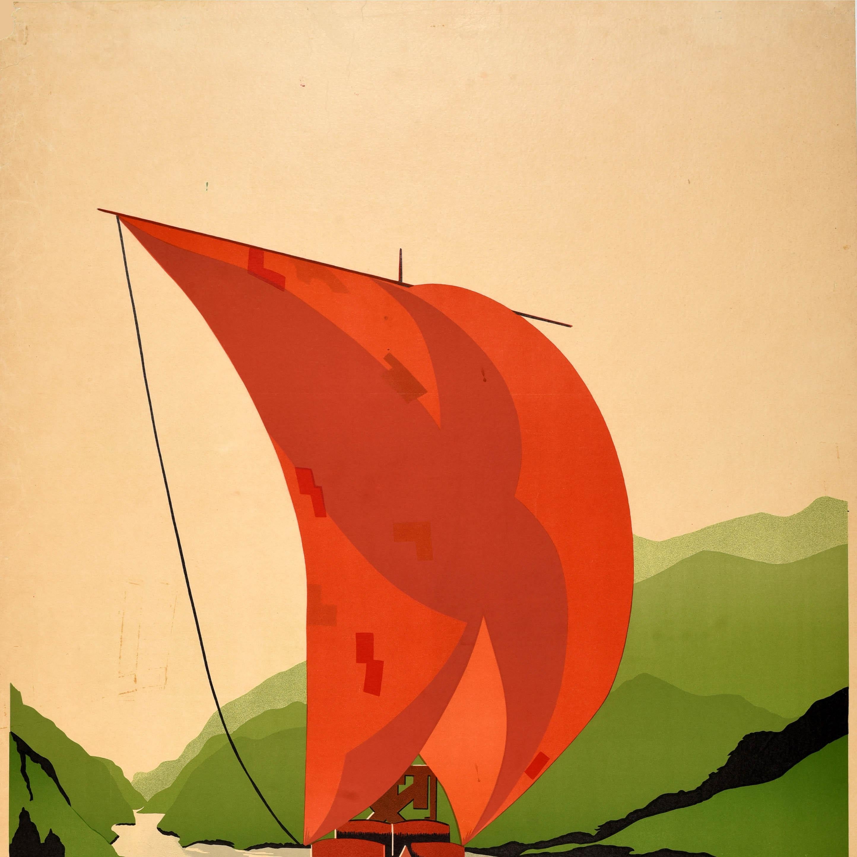 Portoghese Poster di viaggio originale d'epoca Visita il Portogallo Yacht Barca a vela Quinas Portuguesa in vendita