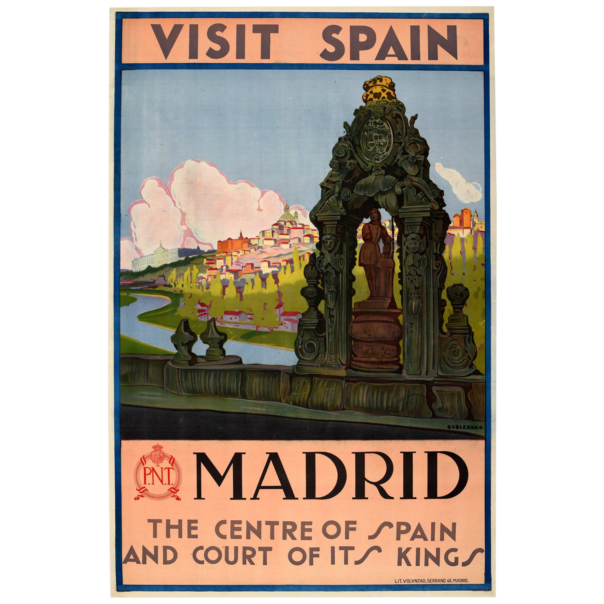 Original Vintage Travel Poster Visit Spain Madrid Court Of Kings Toledo Bridge For Sale