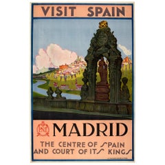 Original Antique Travel Poster Visit Spain Madrid Court Of Kings Toledo Bridge