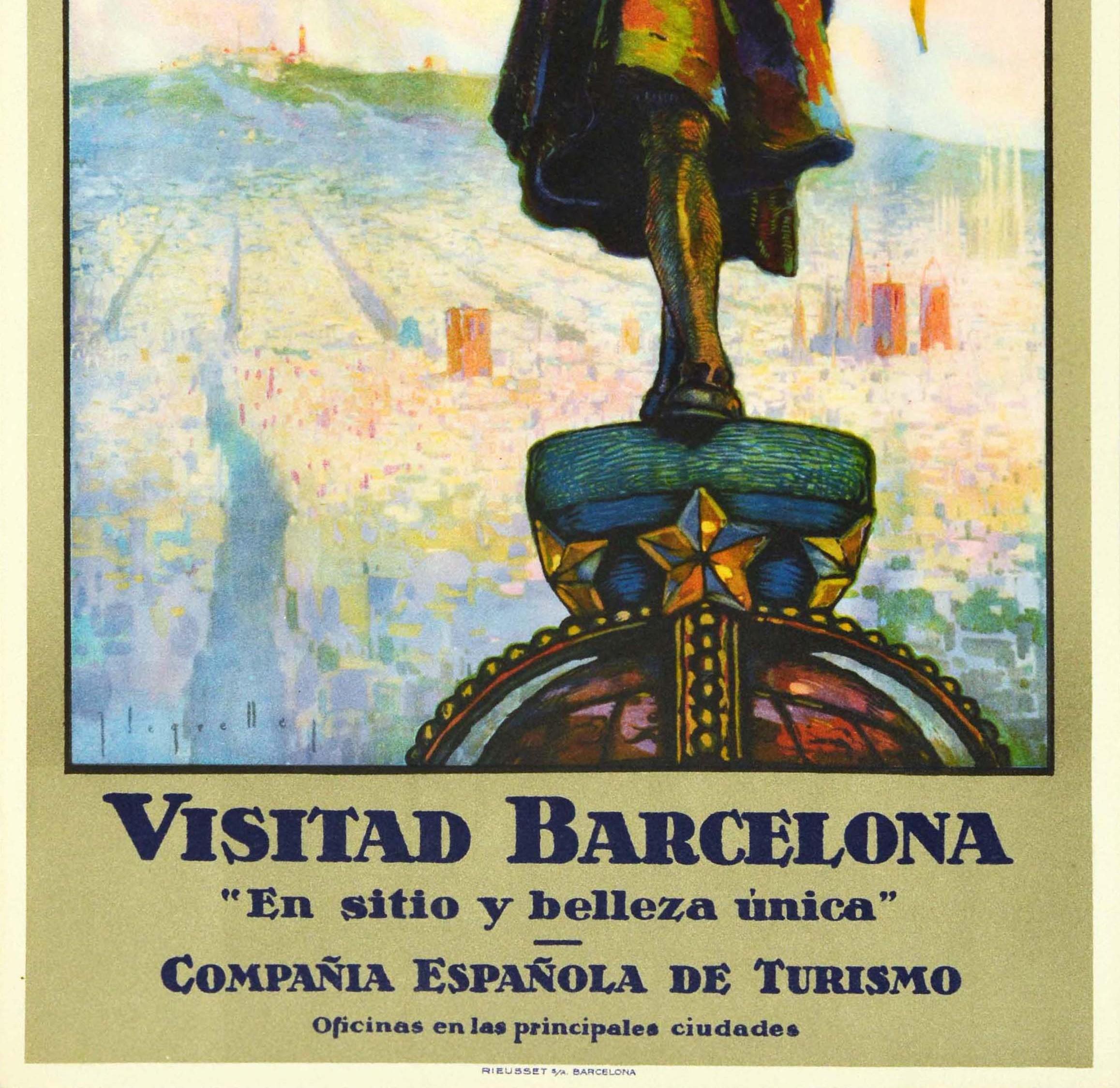 Spanish Original Vintage Travel Poster Visitad Barcelona Unique Beauty Columbus Monument For Sale