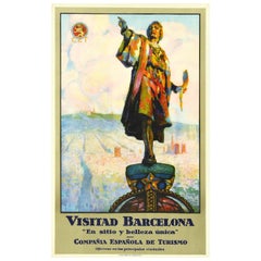Original Antique Travel Poster Visitad Barcelona Unique Beauty Columbus Monument