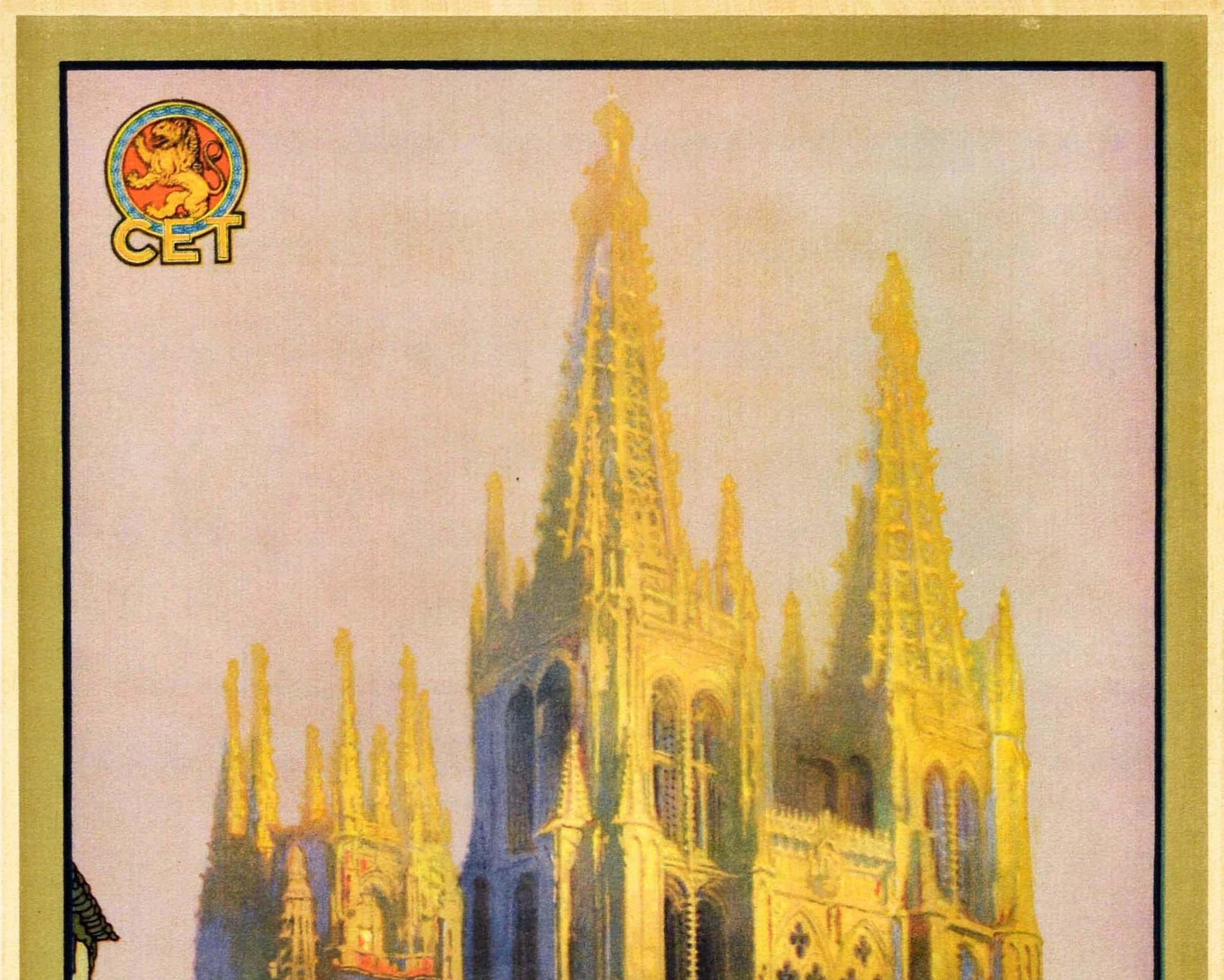 Original vintage travel poster - Visitad Burgos la Ciudad del Cid Campeador / Visit Burgos the City of Cid Campeador - featuring stunning artwork by the Spanish painter Jose Segrelles Albert (1885-1969) depicting the spires of the gothic Cathedral