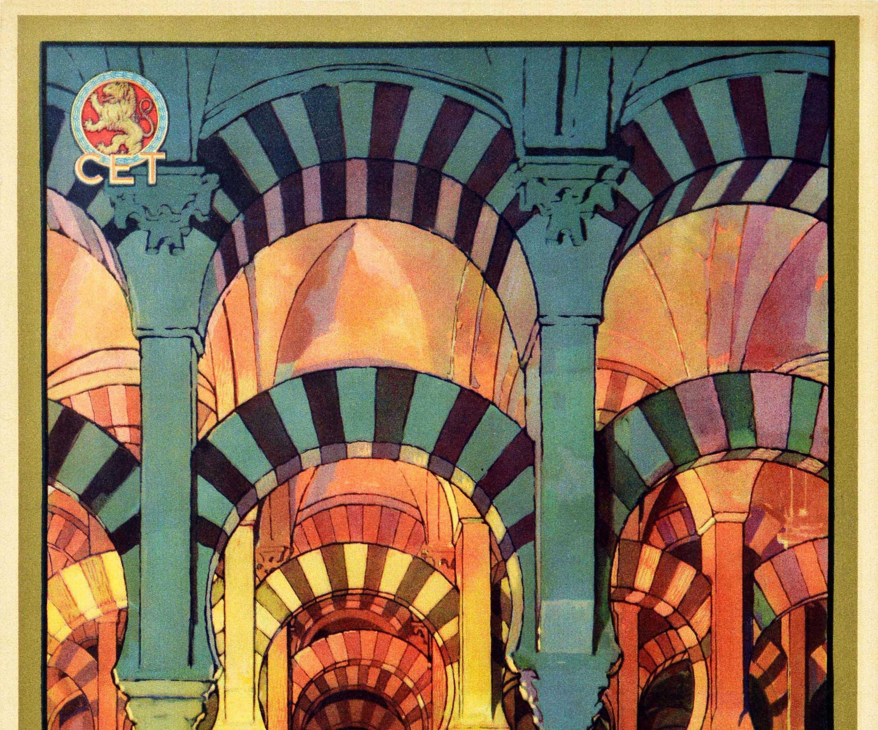 Cartel de viaje original de época - Visitad Córdoba la Ciudad de los Califas - con una vista que muestra la innovadora arquitectura de los arcos escalonados y las columnas de la histórica Mezquita / Gran Mezquita Catedral de Córdoba (construida