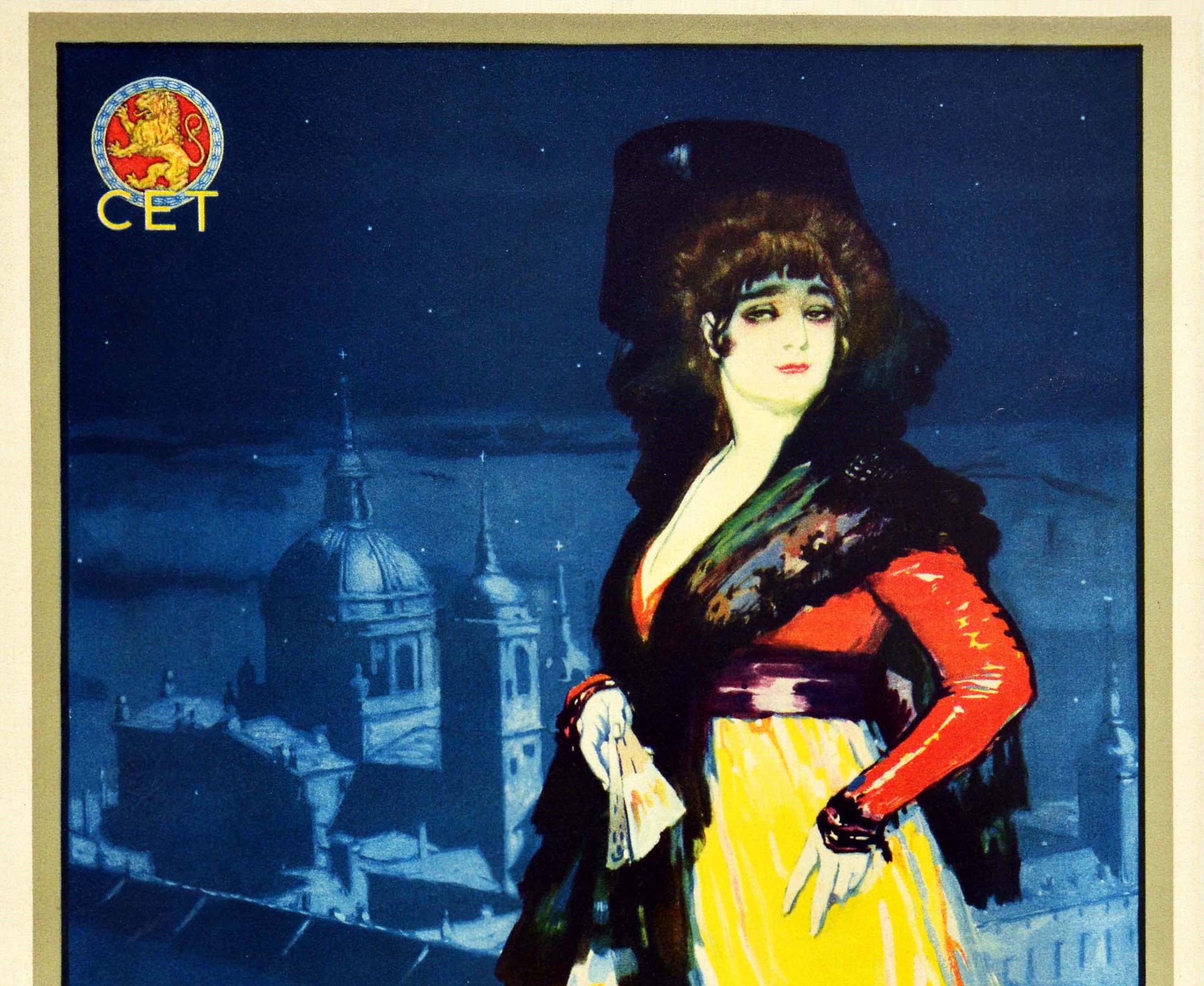 Original vintage travel poster - Visitad Espana el Paraiso de los Turistas / Visit Spain the Paradise of Tourists - featuring artwork by the Spanish painter Jose Segrelles Albert (1885-1969) of a lady in a traditional dress and shawl and carrying a