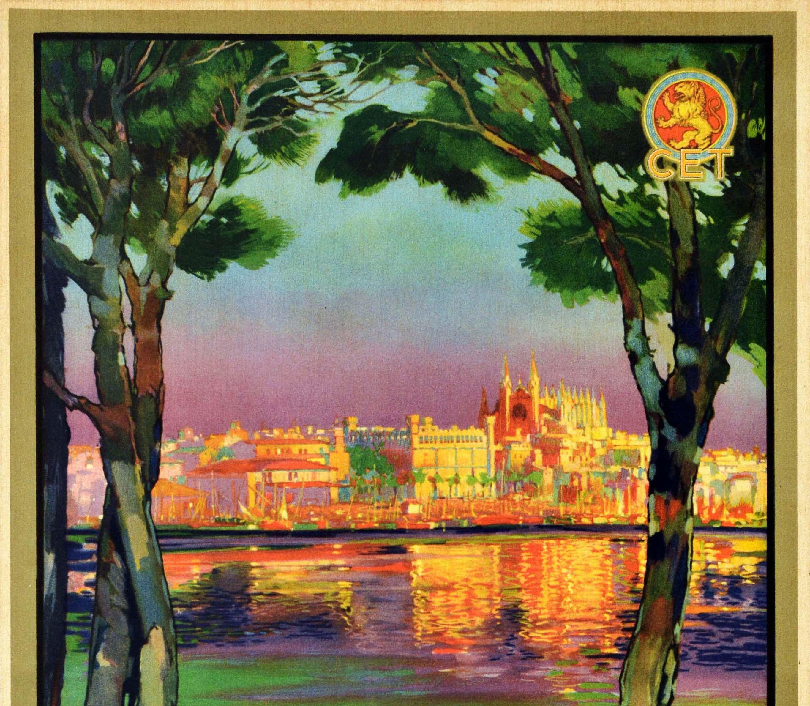 Original vintage travel poster - Visitad Palma de Mallorca la Isla Dorada / Visit Palma on Majorca the Golden Island - featuring a scenic view framed by trees looking over the Bay of Palma on the Mediterranean Sea to the capital city of the Balearic