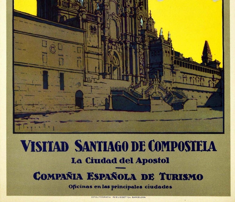 Spanish Original Vintage Travel Poster Visitad Santiago De Compostela Cathedral Basilica