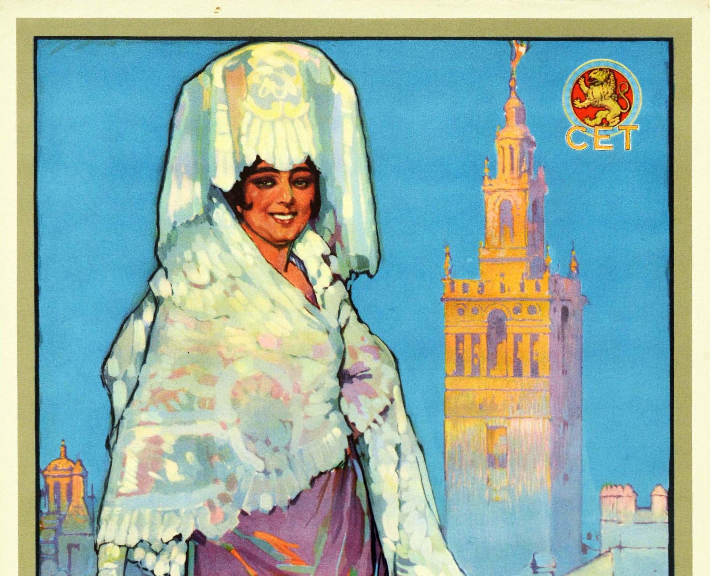 Original vintage travel poster - Visitad Sevilla la Perle de Andalucia / Visit Seville the Pearl of Andalusia - featuring colourful artwork by Jose Segrelles (1885-1969) of a smiling lady in traditional dress looking at the viewer in front of