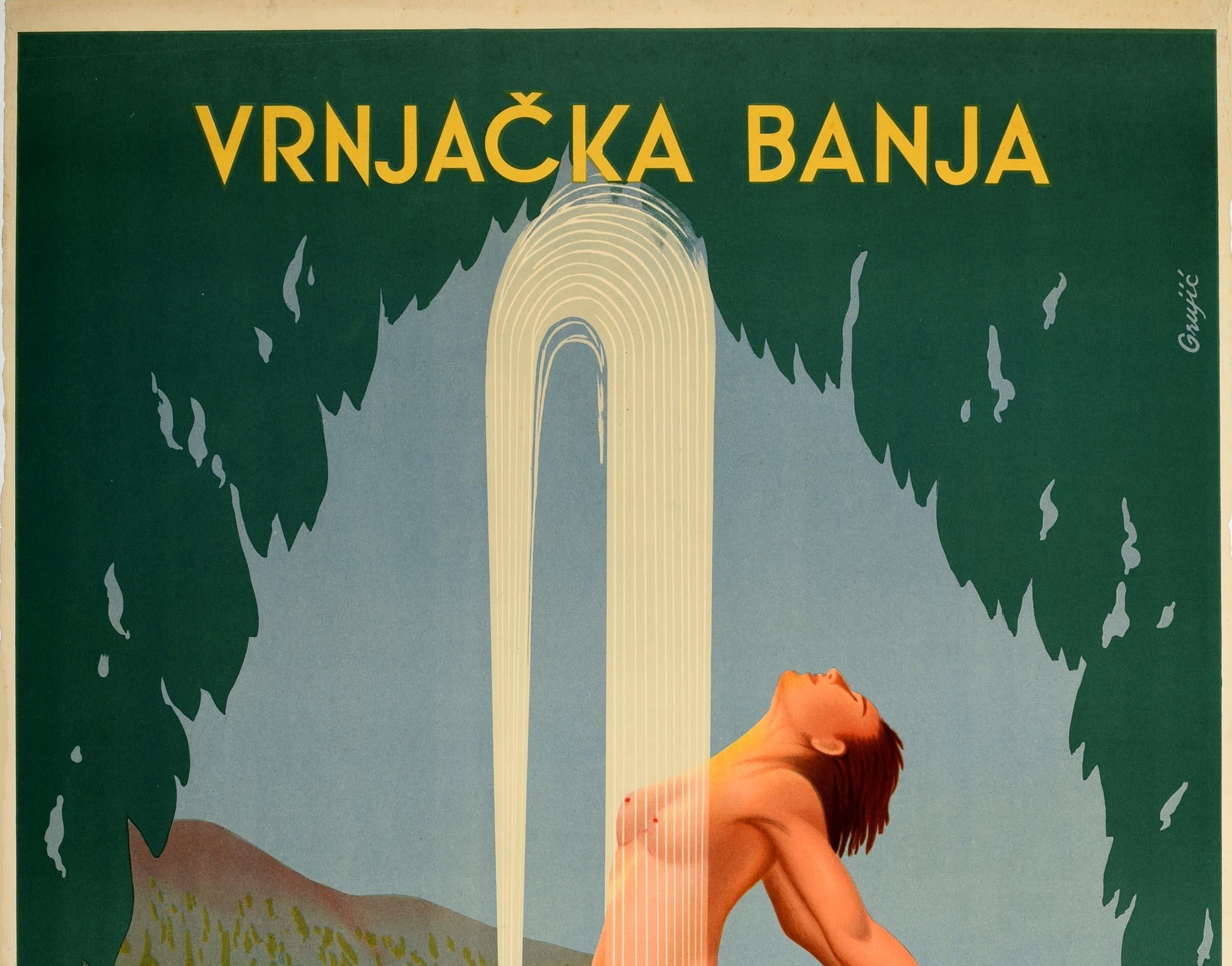 Affiche de voyage originale d'époque pour la ville thermale populaire de Vrnjacka Banja Yougoslavie / Yougoslavia, avec l'image d'une femme nue marchant sur un dessin de contour d'une fontaine d'eau minérale naturelle, l'eau coulant sur son corps,