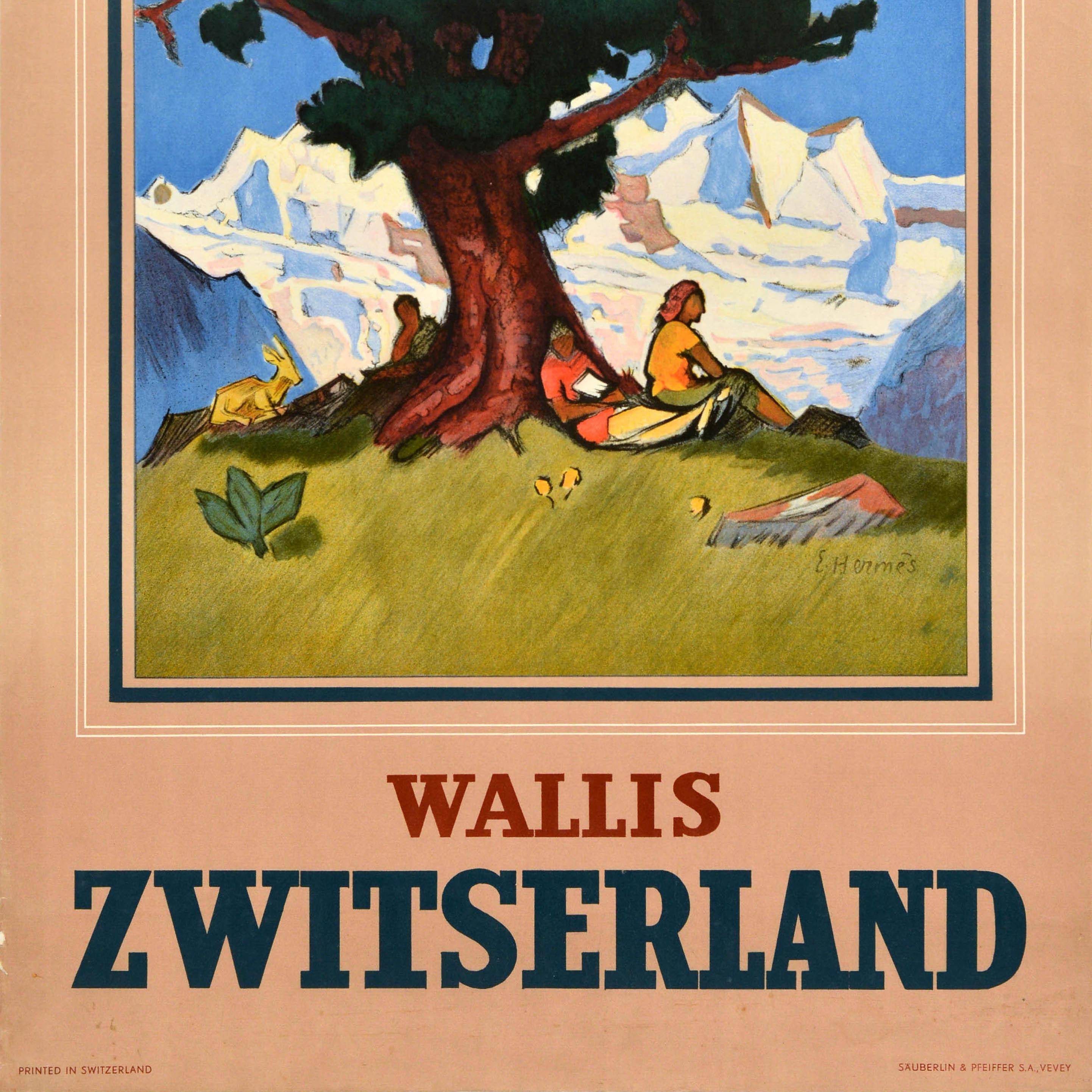Original-Vintage-Reiseplakat Wallis Zwitserland Erich Hermes, Schweiz, Schweizer Schweiz, Schweizer im Zustand „Gut“ im Angebot in London, GB