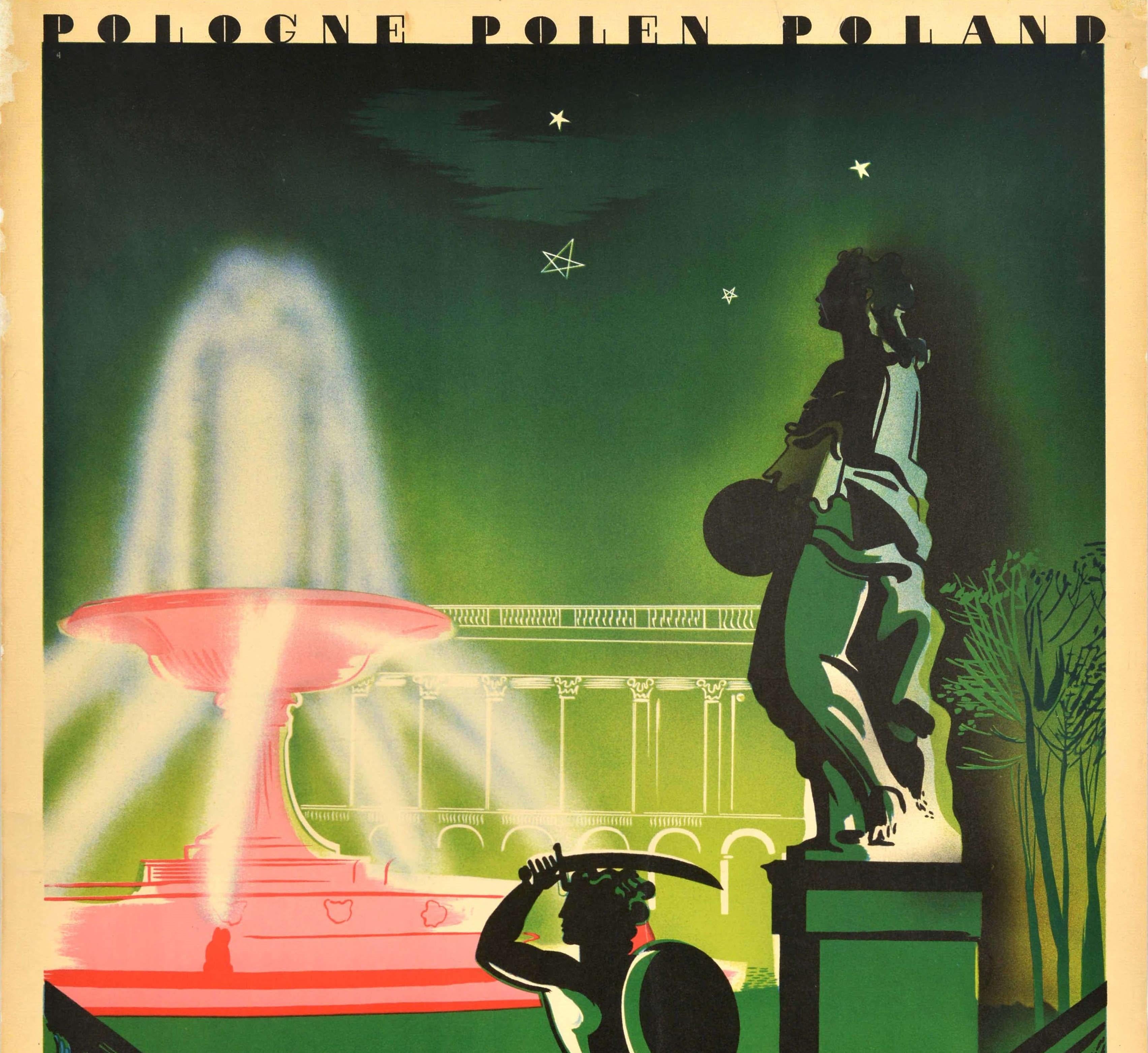 Original vintage travel poster - Warszawa Varsovie Warschau Warsaw Pologne Polen Poland - featuring historical architectural landmarks in the Saxon Garden / Ogrod Saski public park including the Marconi Fountain designed by Henryk Marconi, the Saxon