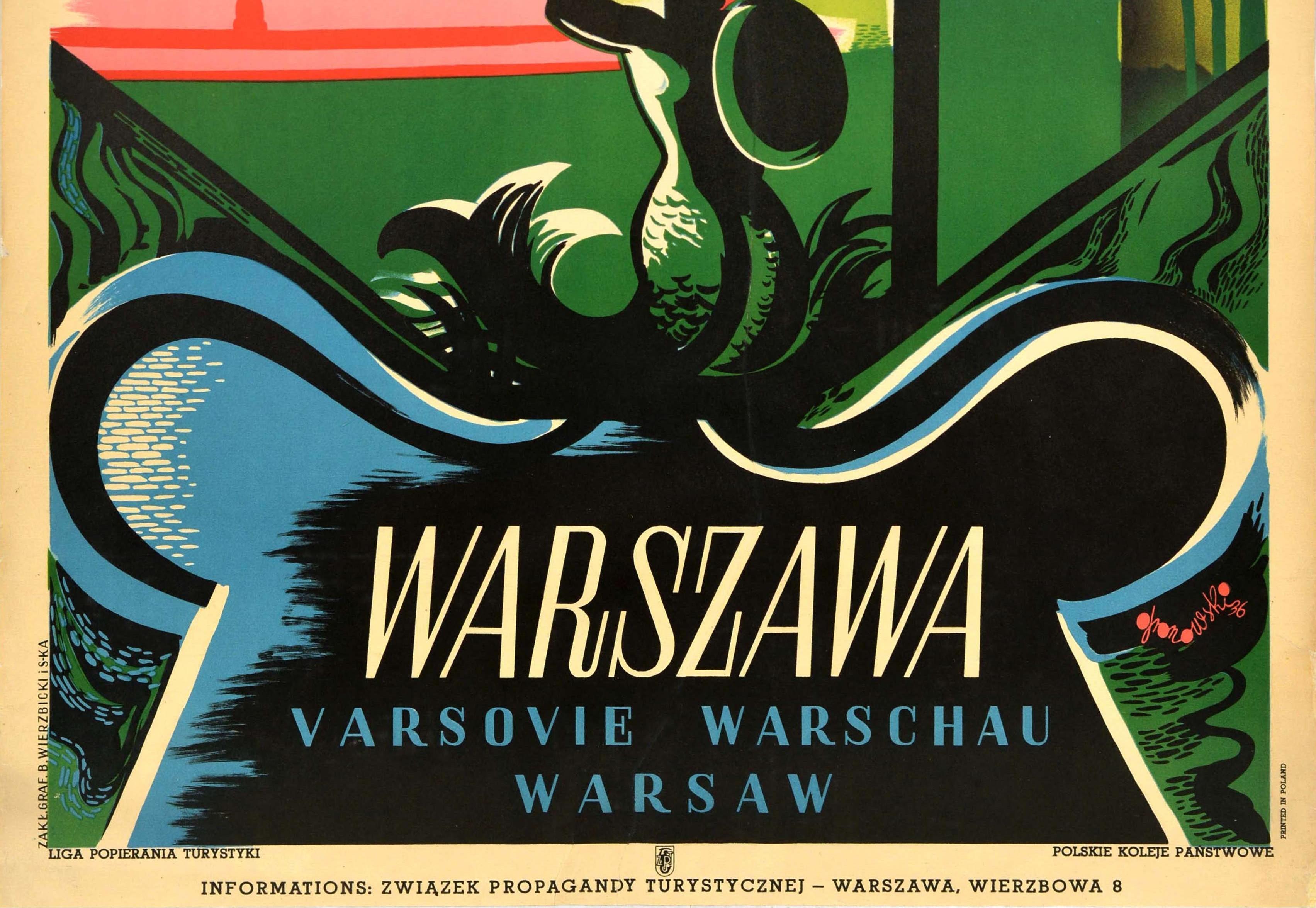 Polish Original Vintage Travel Poster Warszawa Warsaw Mermaid Fountain Saxon Palace Art For Sale