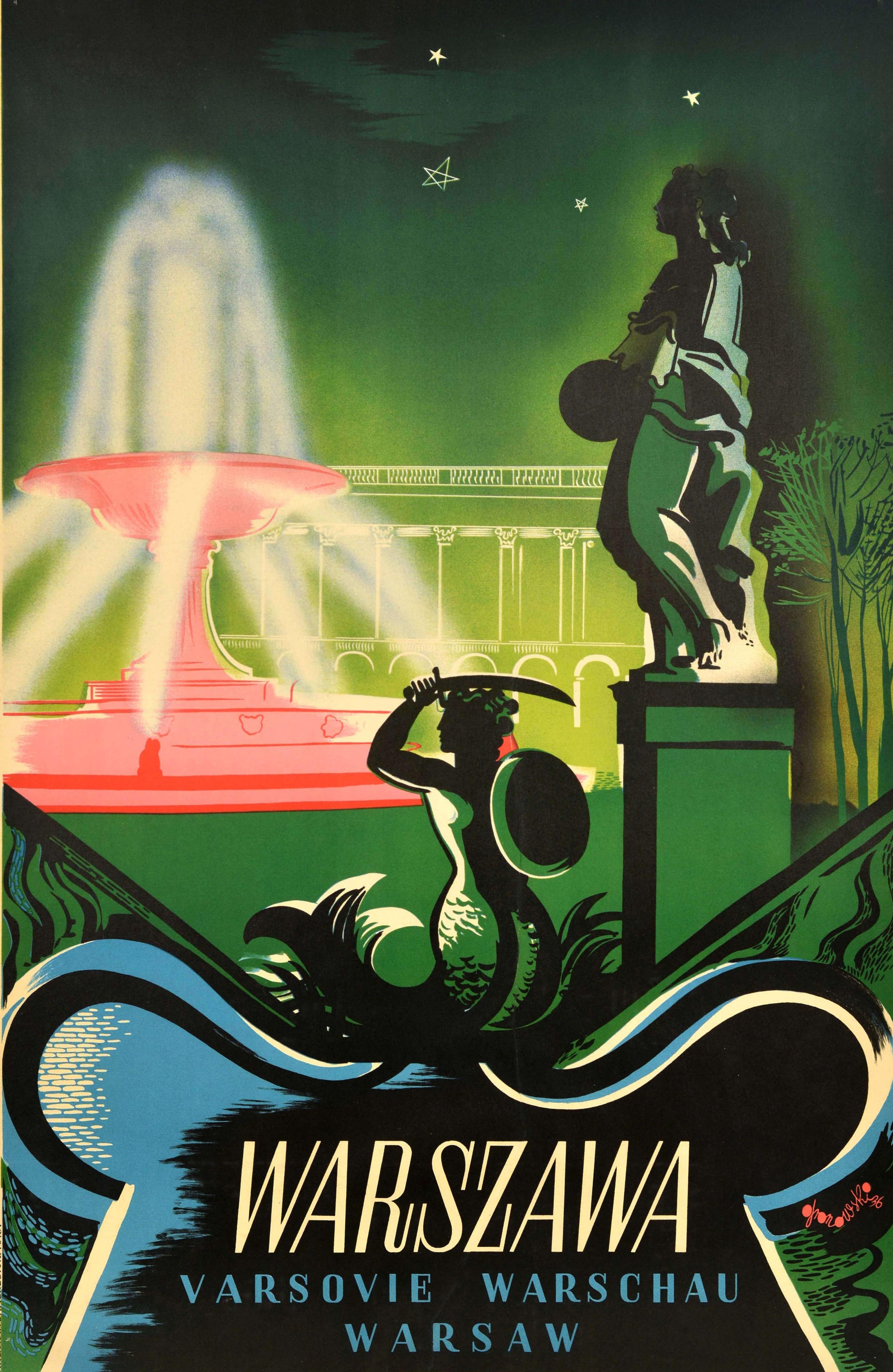 Original Vintage Travel Poster Warszawa Warsaw Mermaid Fountain Saxon Palace Art In Good Condition For Sale In London, GB