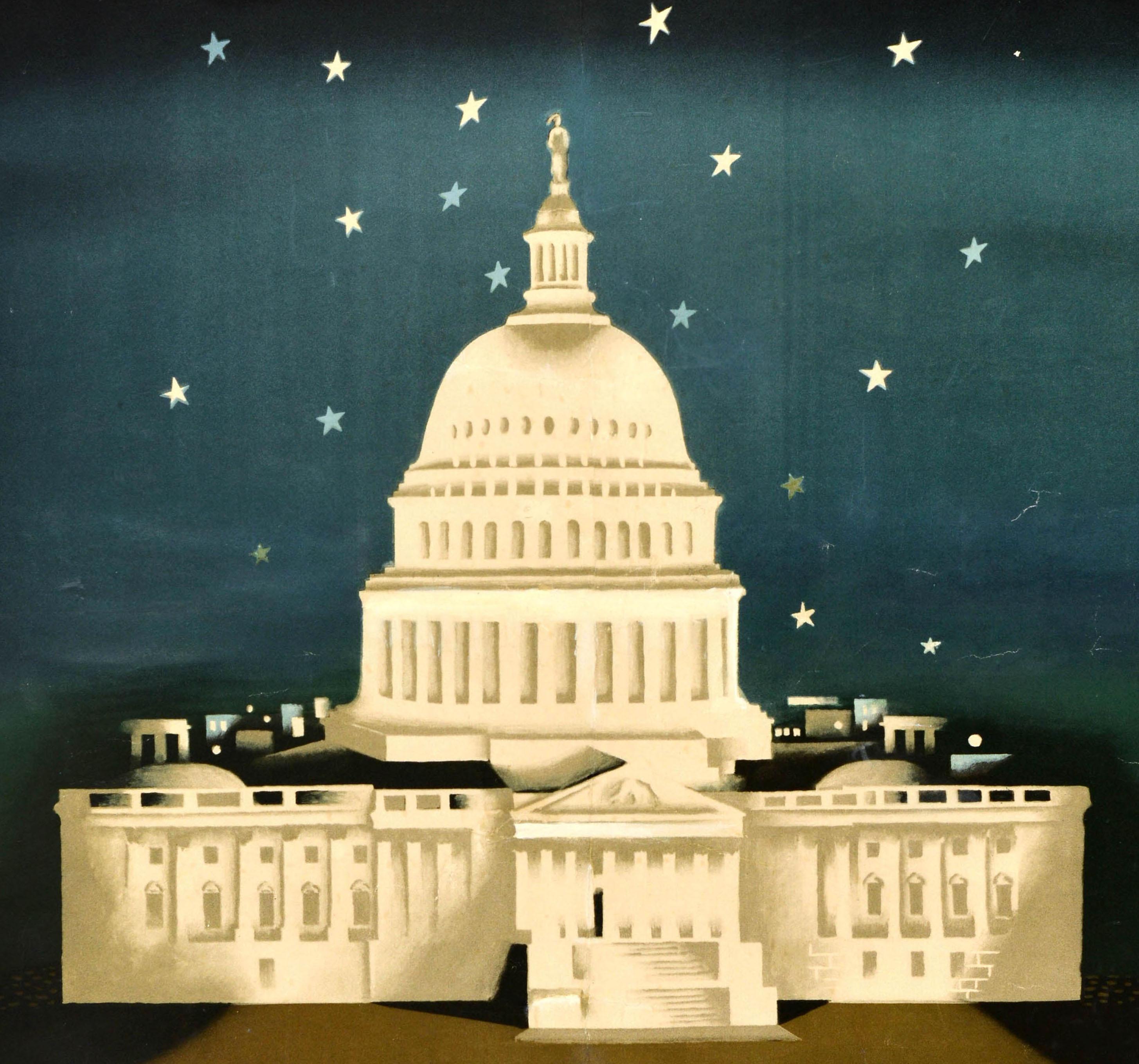 Original Vintage-Werbeplakat - Washington American Airlines - mit einem fantastischen Kunstwerk von einem der berühmtesten Plakatkünstler des 20. Jahrhunderts Edward McKnight Kauffer (1890-1954), das eine nächtliche Ansicht des Kapitolgebäudes in