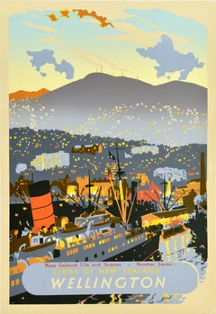 Original Vintage Travel Poster Wellington Cities of New Zealand Harbour Mallitte