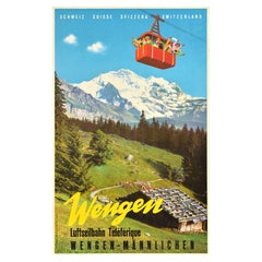 Original Vintage Travel Poster Wengen Cablecar Switzerland Jungfrau Bernese Alps