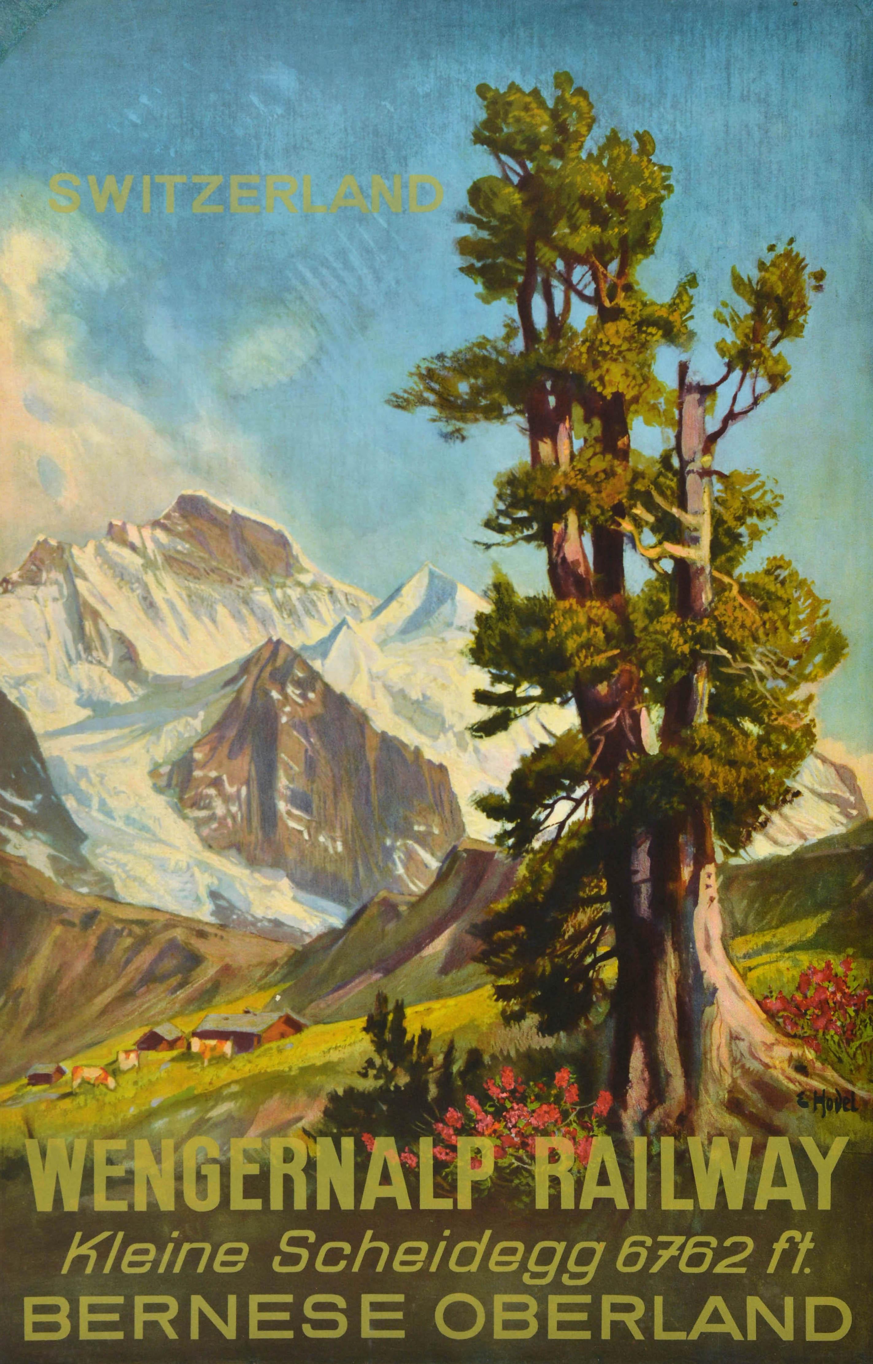 Original vintage Reiseplakat - Schweiz Wengernalpbahn Kleine Scheidegg 6762 ft. Berner Oberland - mit einer malerischen Ansicht des Schweizer Malers Ernst Hodel (1881-1985) eines Baumes und wilder roter Blumen in der Landschaft mit Kühen, die auf