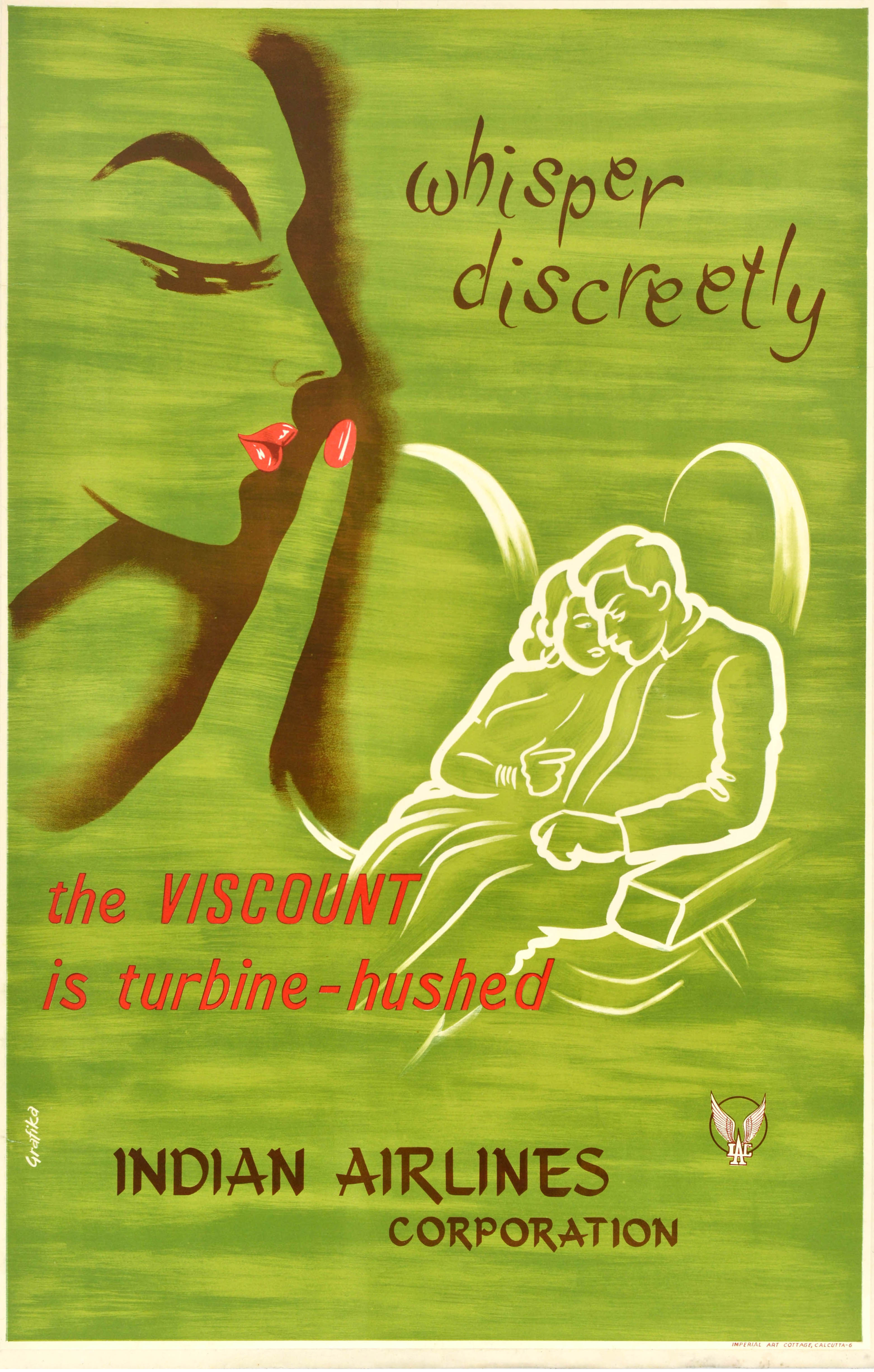Poster di viaggio d'epoca originale Whisper Discreetly Viscount Indian Airlines India in vendita