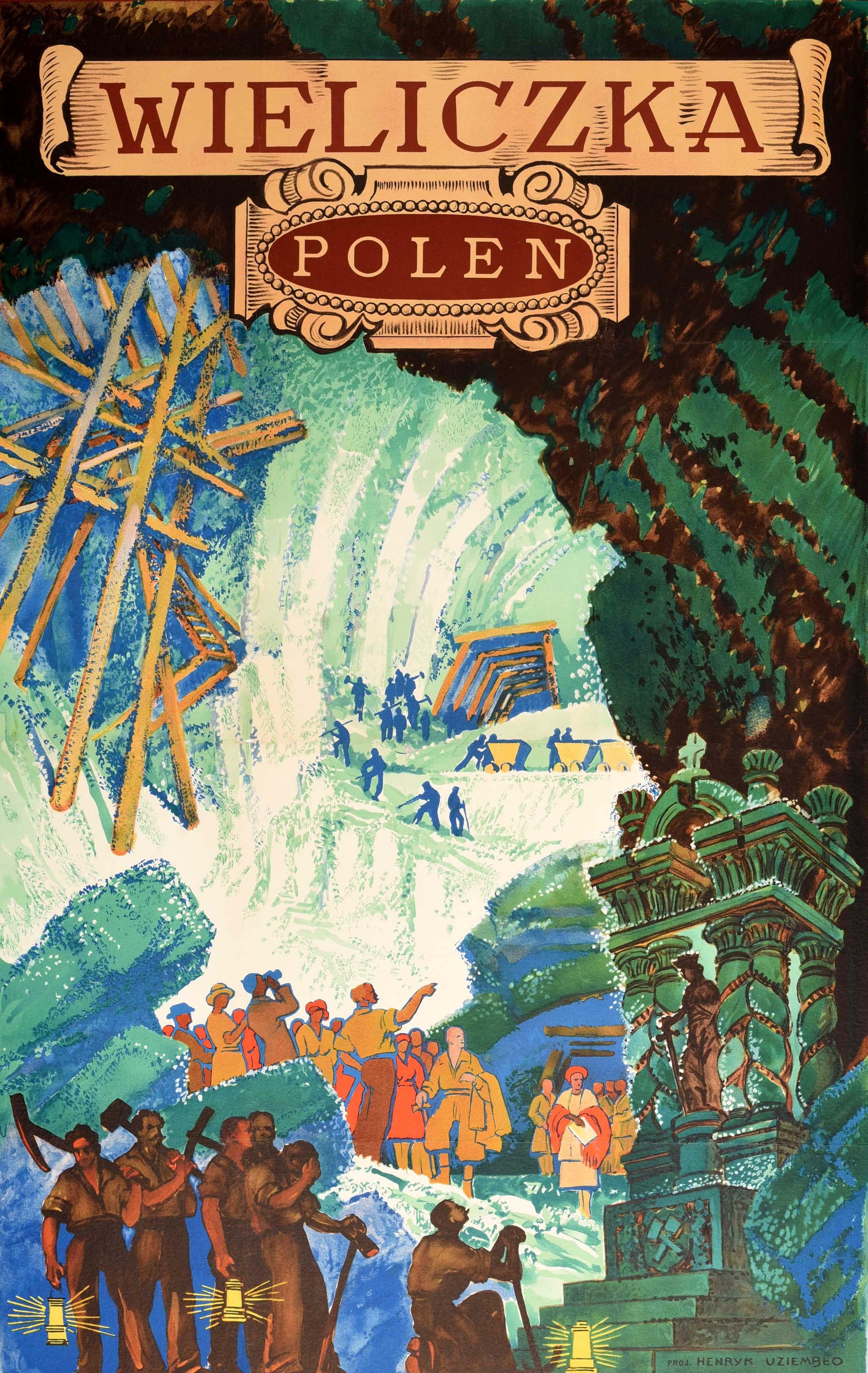 Original Vintage-Reiseplakat - Wieliczka Polen / Polen - mit einem farbenfrohen Entwurf des polnischen Malers Henryk Uziemblo (1879-1949) mit dem Titel Die Beruhmten Salzbergwerke / The Famous Salt Mines, der eine Illustration von Touristen zeigt,