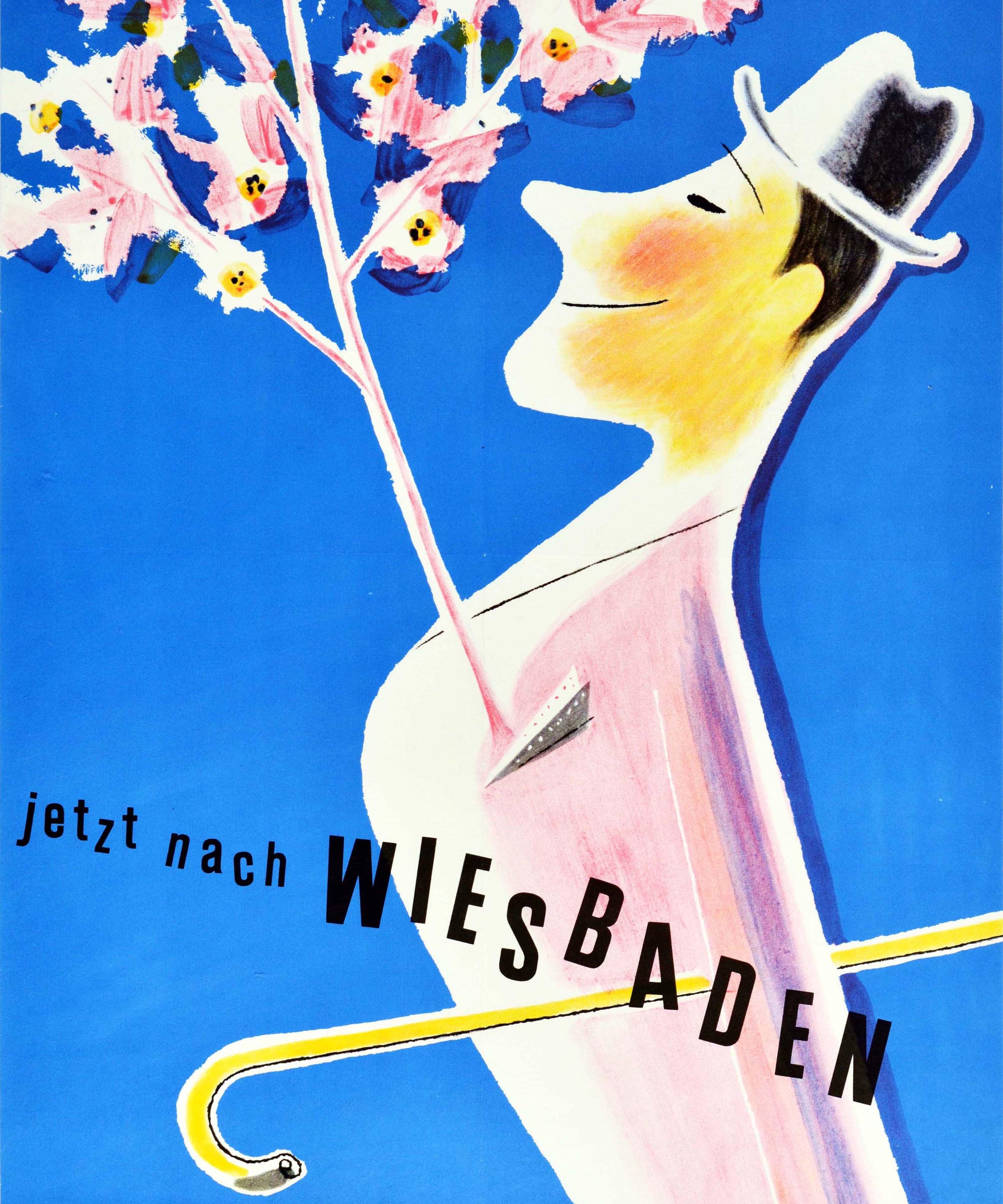 Mid-20th Century Original Vintage Travel Poster Wiesbaden Germany Spa Flower Blossom Tree Design