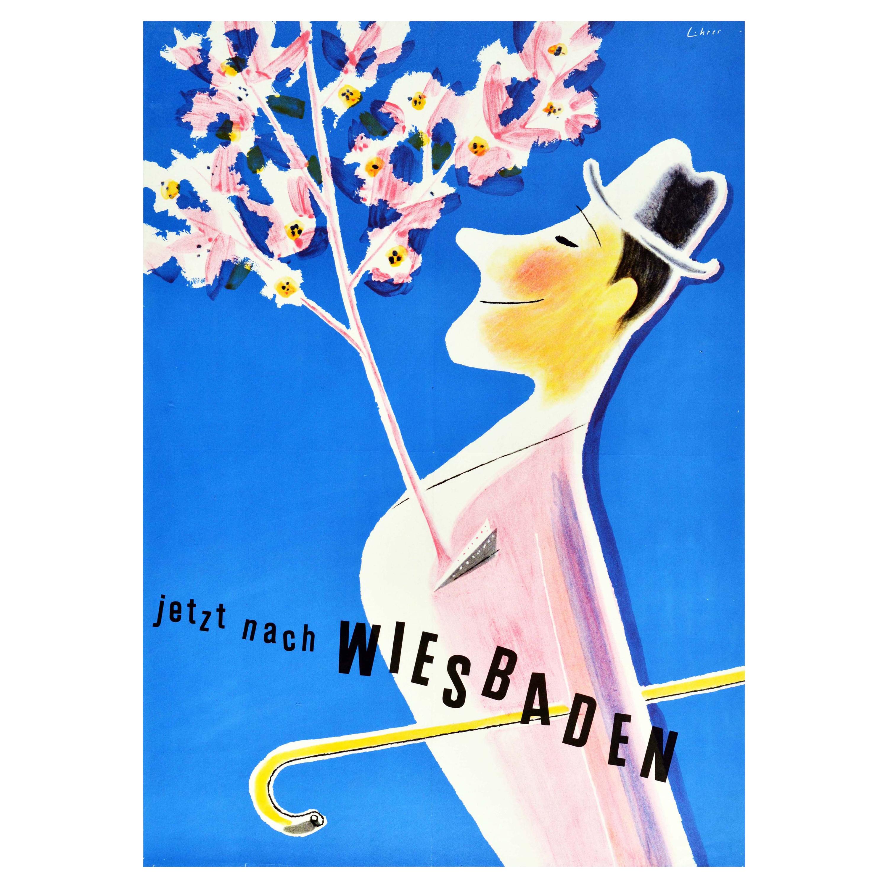 Original Vintage Travel Poster Wiesbaden Germany Spa Flower Blossom Tree Design