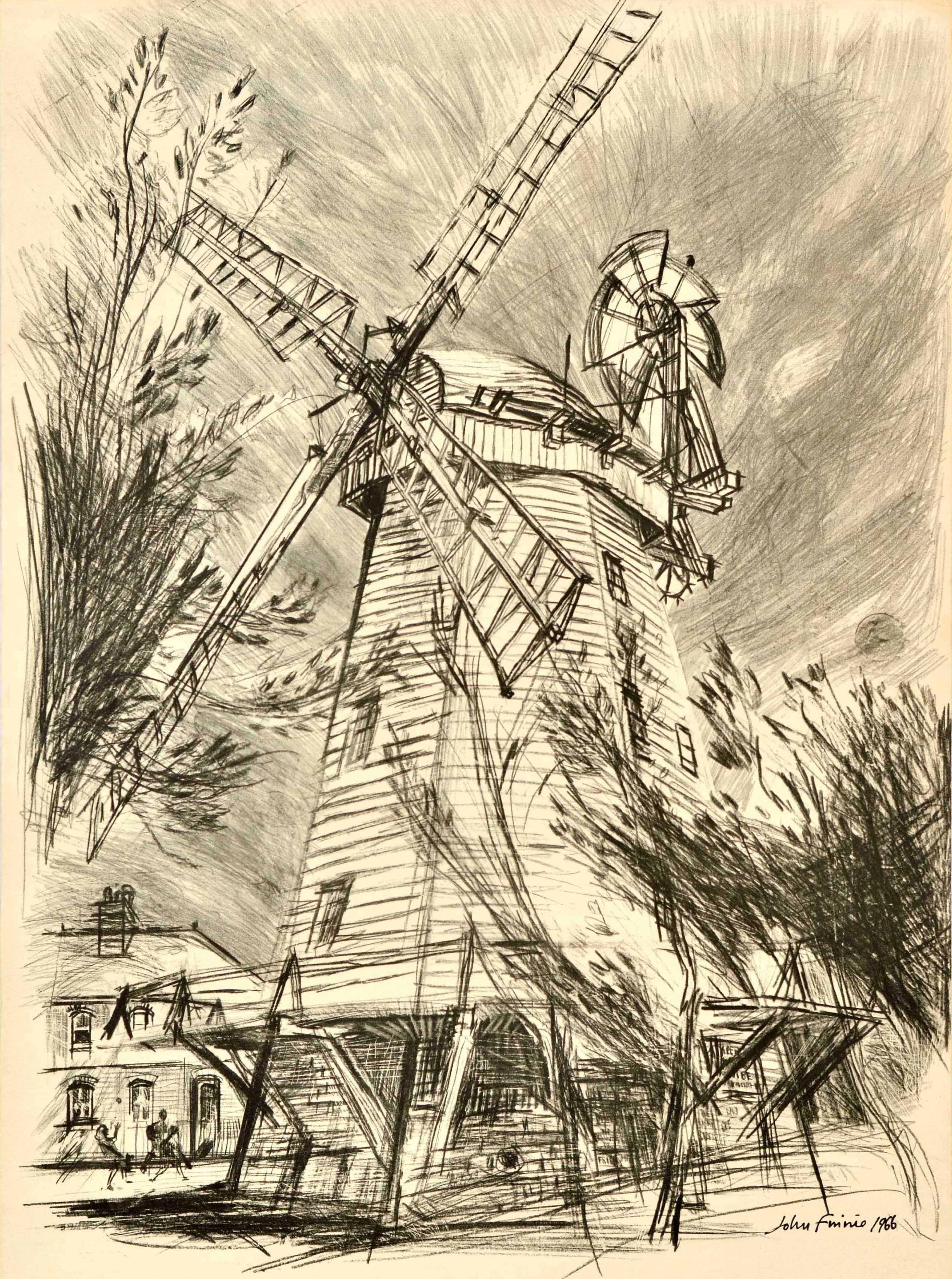Original vintage London Transport poster featuring a great black and white drawing by John Finnie (b.1935) depicting people walking next to a windmill with trees in the foreground, the text and London Underground roundel in red below - Windmills