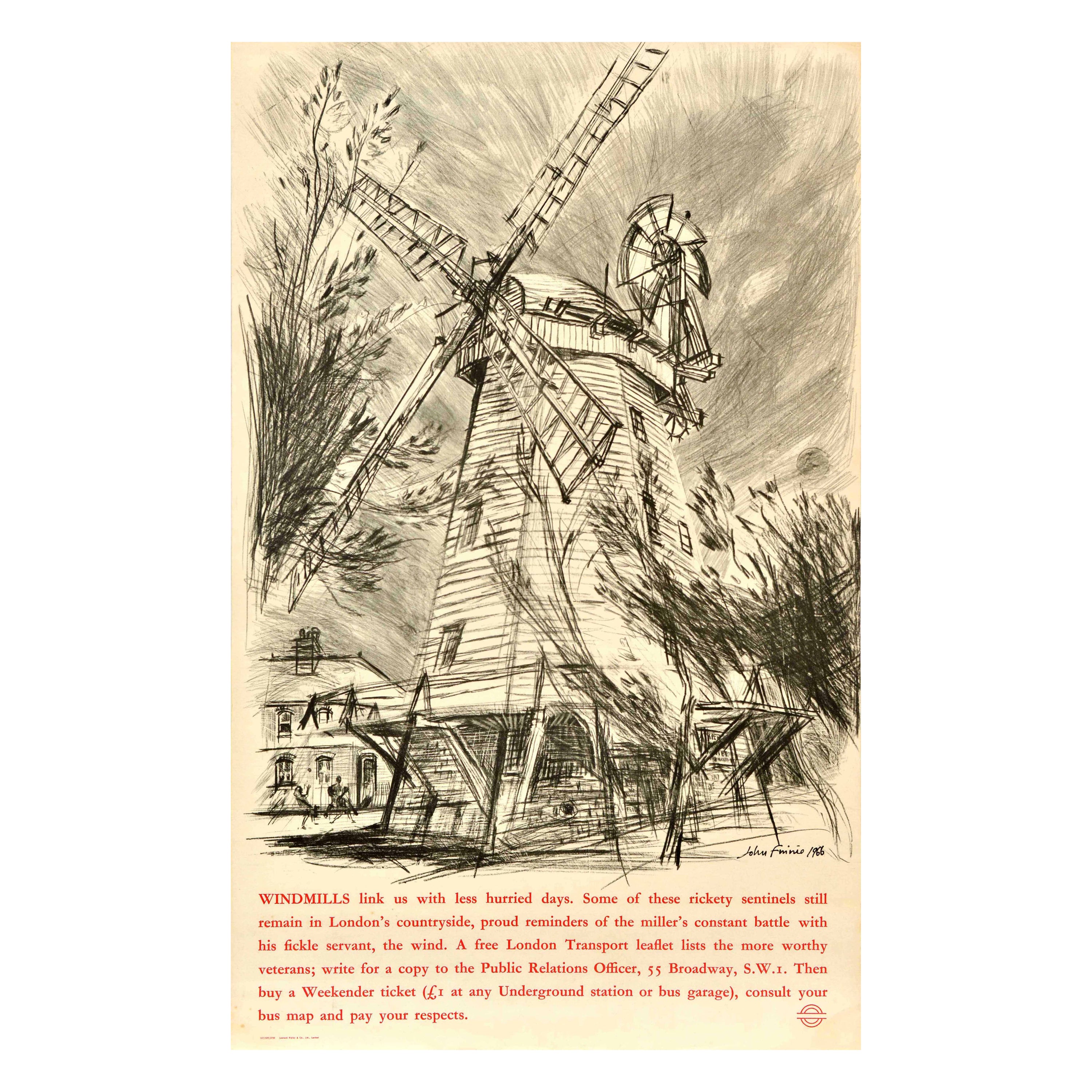 Poster di viaggio originale d'epoca Mulini a vento John Finnie London Transport UK Country in vendita