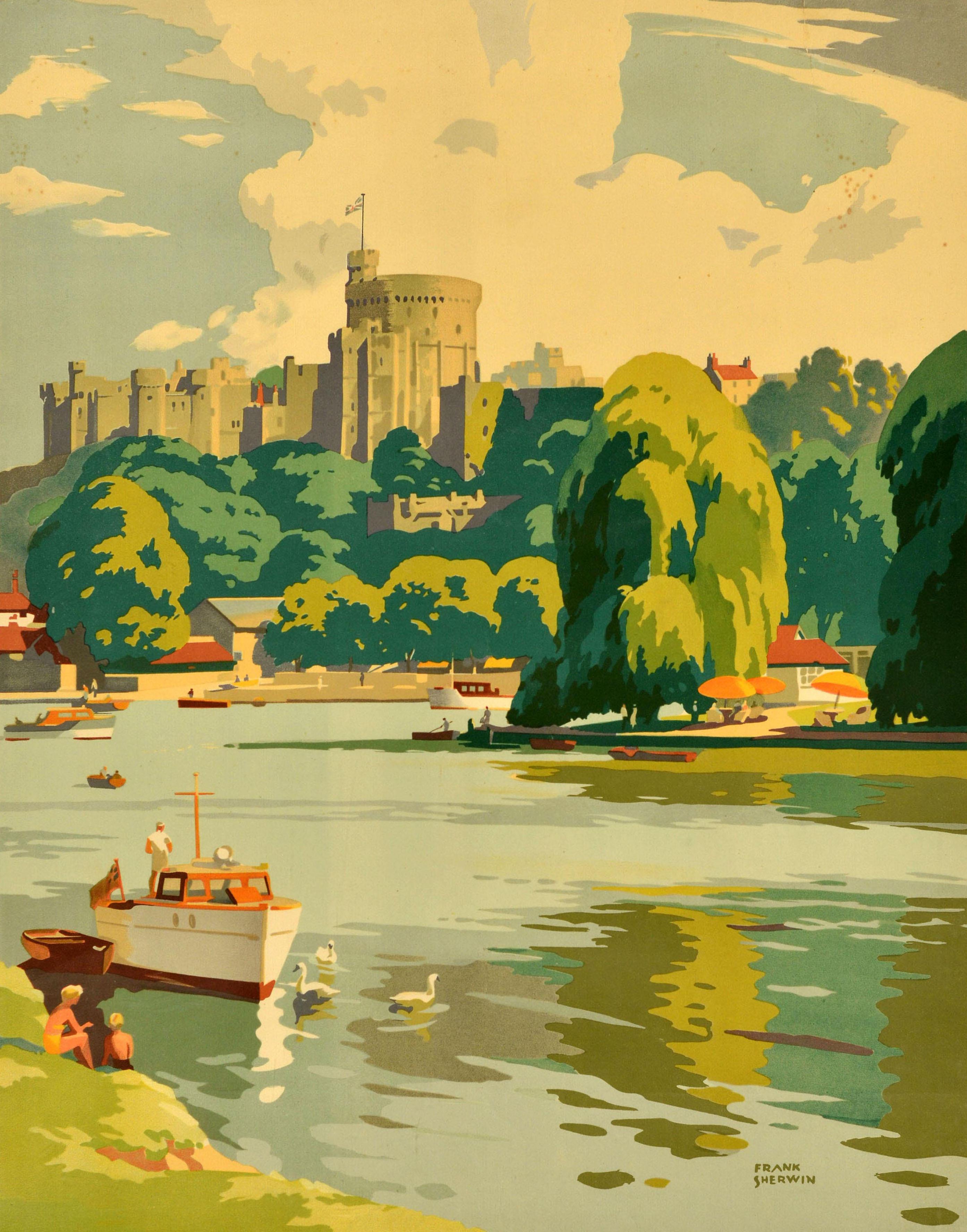 Original vintage travel poster - Windsor See Britain by Train British Railways - featuring scenic artwork by Frank Sherwin (1896-1986) depicting a view of the historic Windsor Castle with people on the banks of the River Thames and swans by a boat