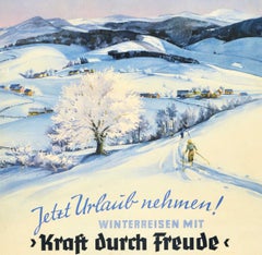 Original Vintage-Reiseplakat „Winter Holiday Now Kraft Durch Freude“, Skifahren