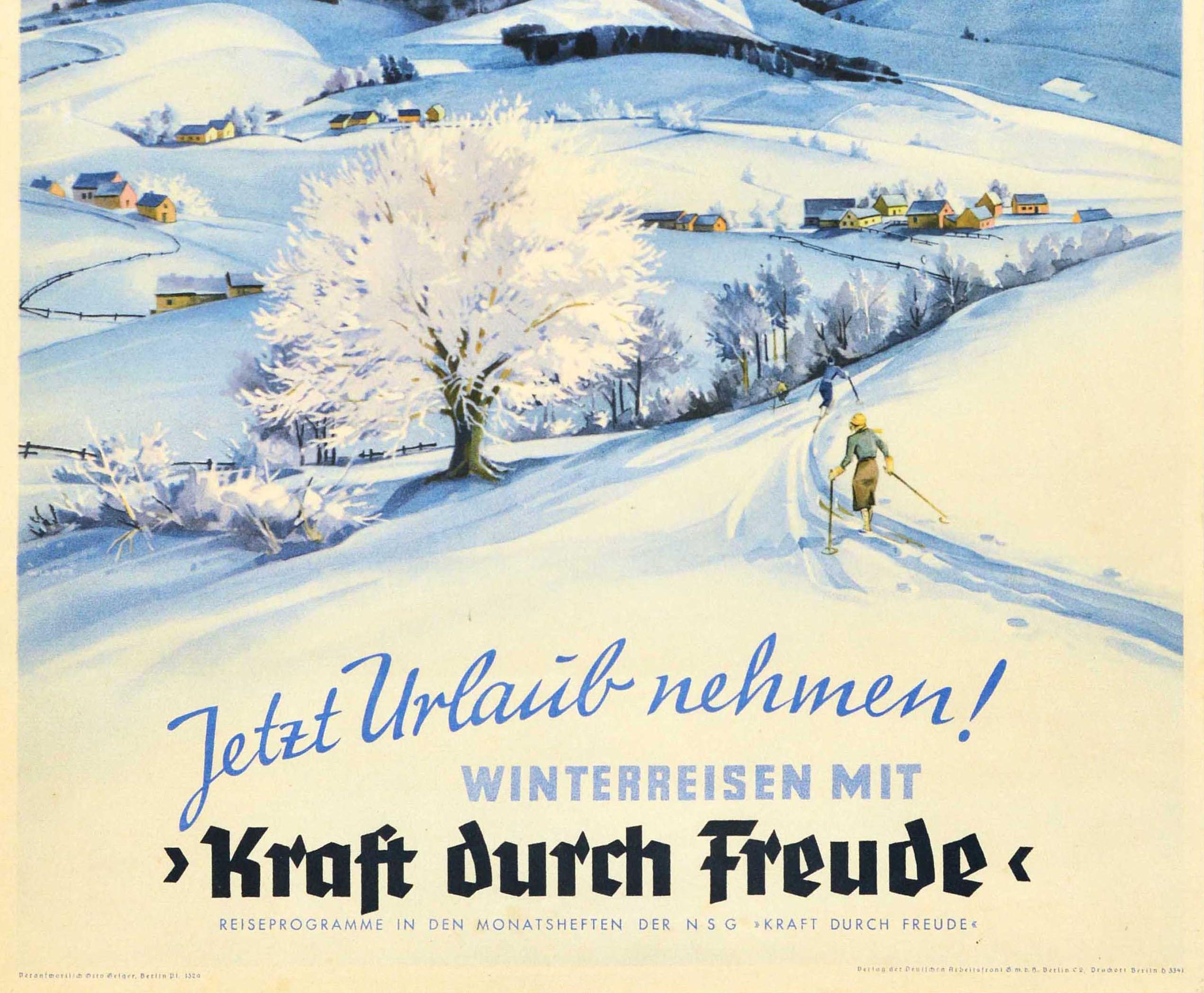 Original Vintage Travel Poster Winter Holiday Now Kraft Durch Freude Skiing In Good Condition For Sale In London, GB