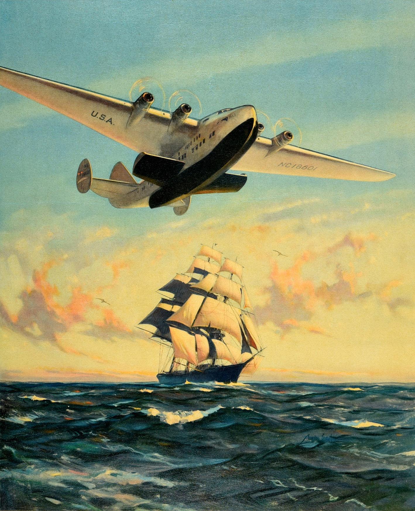 Original vintage Pan American Airways poster featuring a propeller plane flying above a tall ship sailing at sea with the text in stylised lettering below - Yankee Clippers Sail Again 1838-1939. Artwork by the American watercolour maritime artist