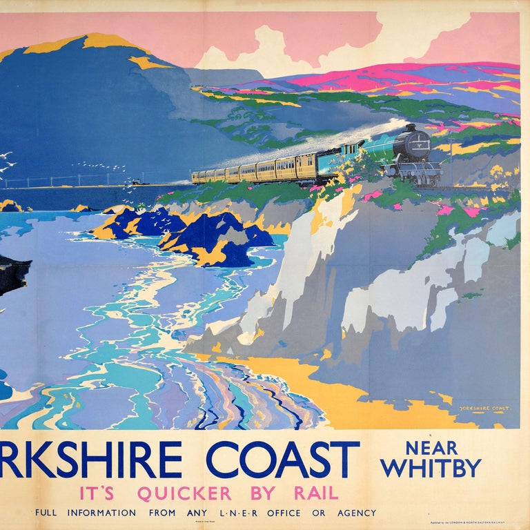 Original Vintage Travel Poster Yorkshire Coast Near Whitby LNER Steam Train Art For Sale at 1stDibs