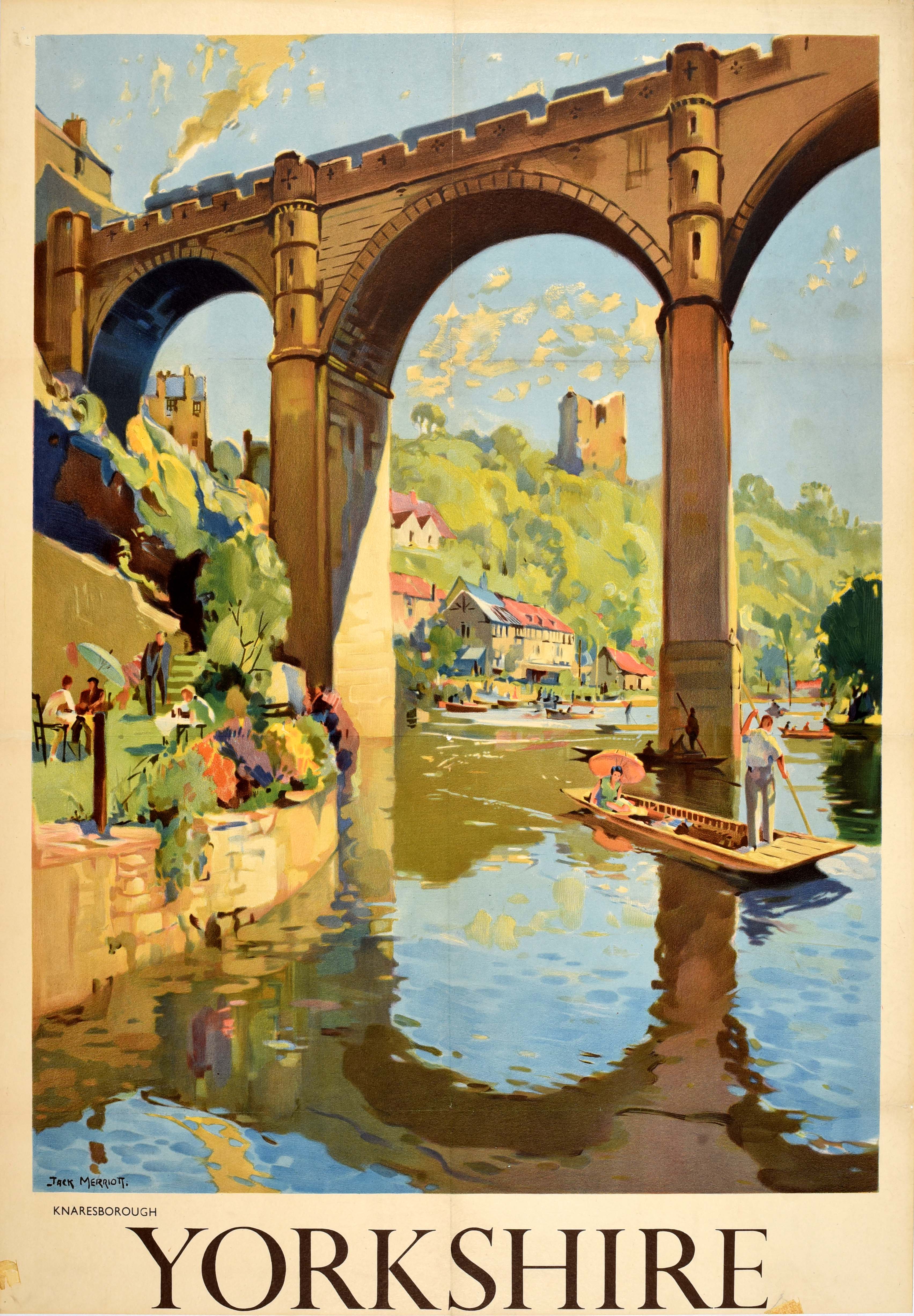 Poster di viaggio originale d'epoca Yorkshire Knaresborough British Railway Merriot