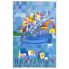 Poster di viaggio originale d'epoca Jugoslavia Il soleggiato Mare Adriatico Vela Design Art