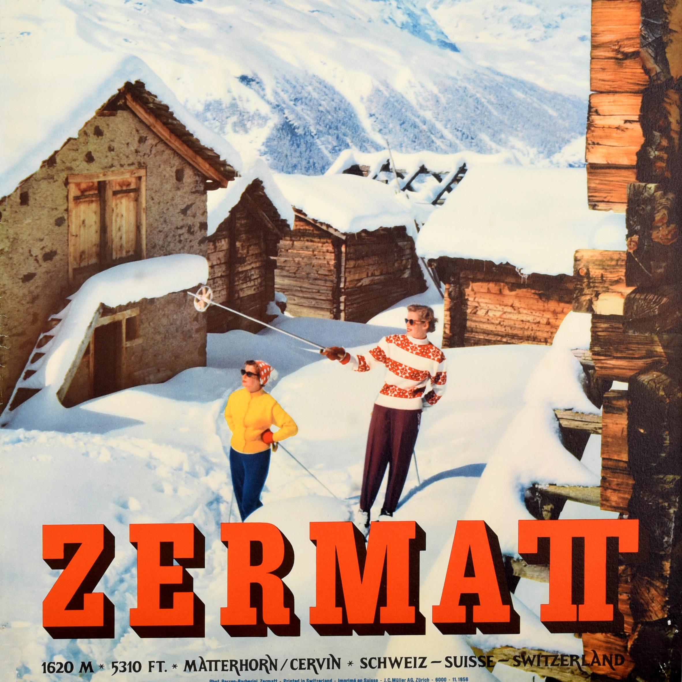 Svizzero Poster di viaggio originale d'epoca Zermatt Matterhorn Ski Svizzera Cervin Perren in vendita