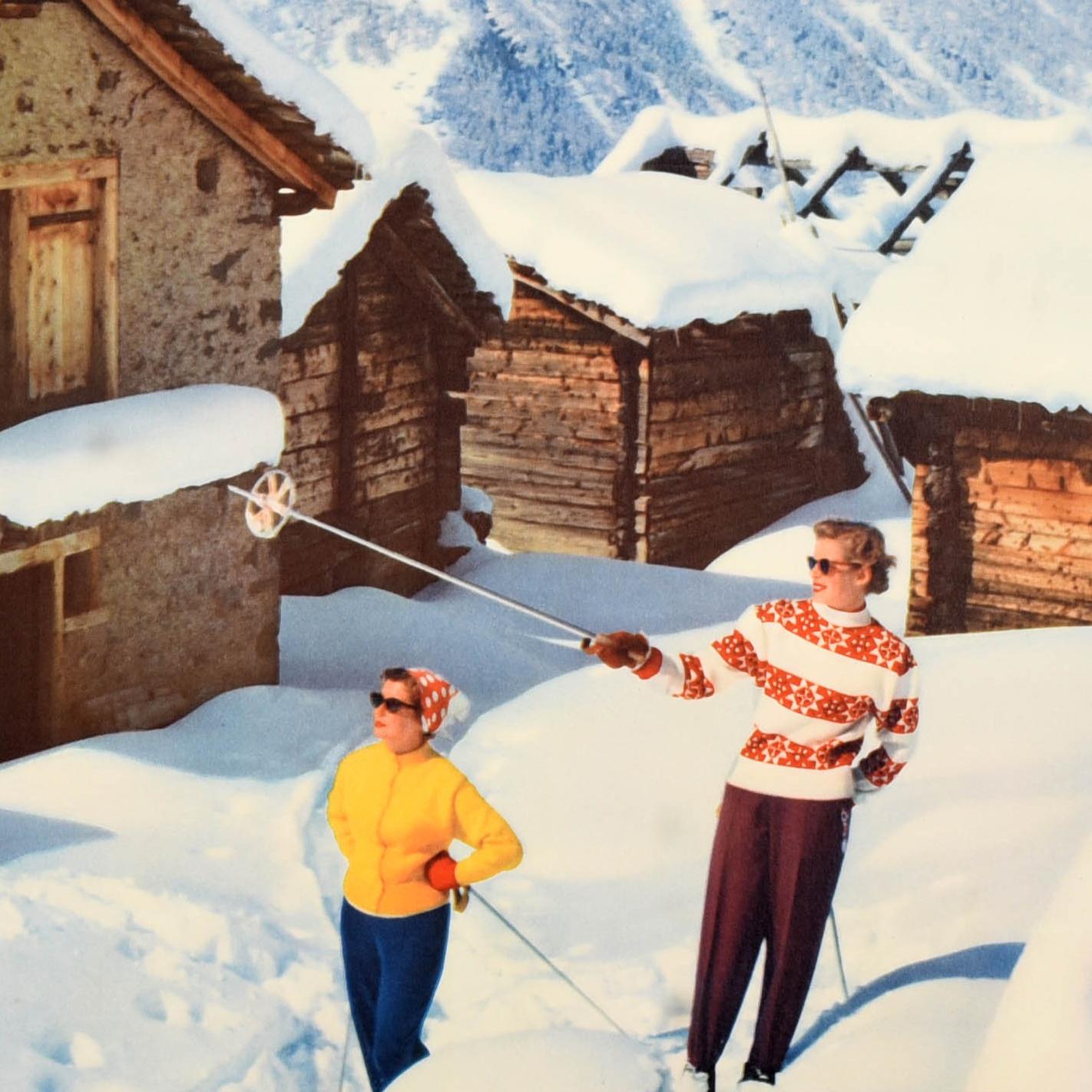 Poster di viaggio originale d'epoca Zermatt Matterhorn Ski Svizzera Cervin Perren In condizioni buone in vendita a London, GB
