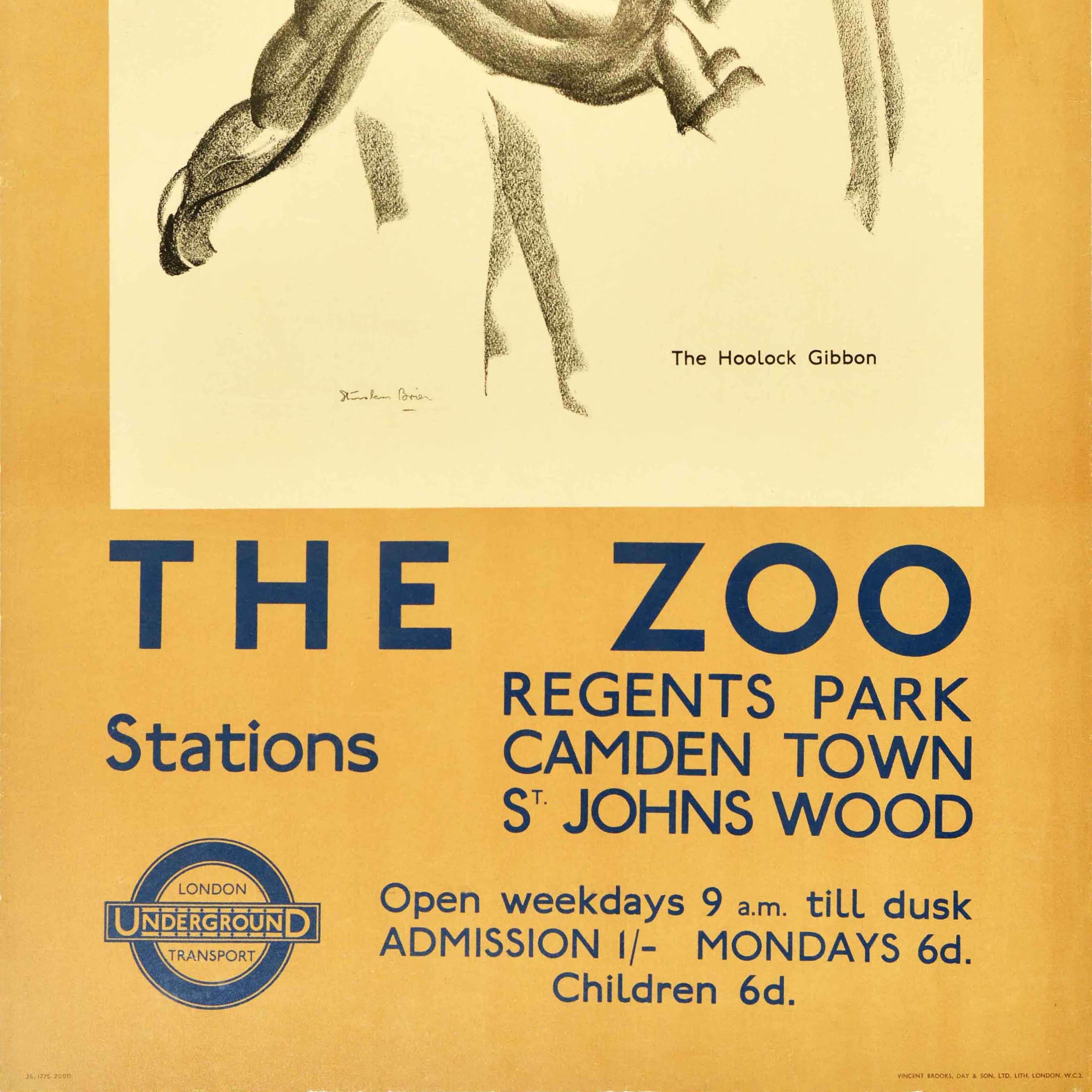 Original-Vintage-Reiseplakat „ Zoo London Underground“ Gibbon Stanislaus Brien (Mitte des 20. Jahrhunderts) im Angebot