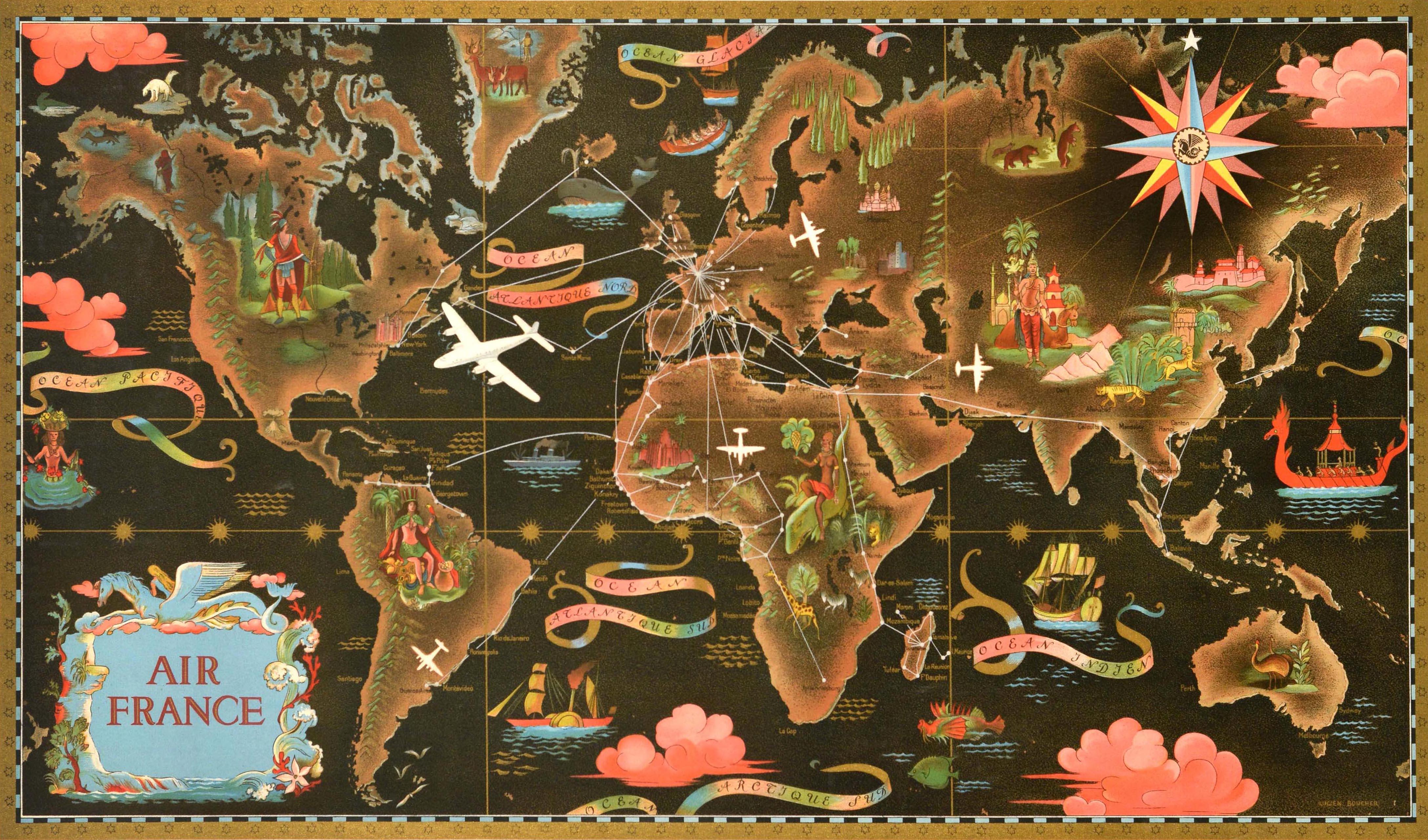 Affiche originale de planisphère pour la promotion d'Air France, le réseau aérien mondial de la compagnie aérienne nationale française. Dessin de Lucien Boucher (1889-1971) représentant une carte du monde illustrée d'un planisphère avec des lignes