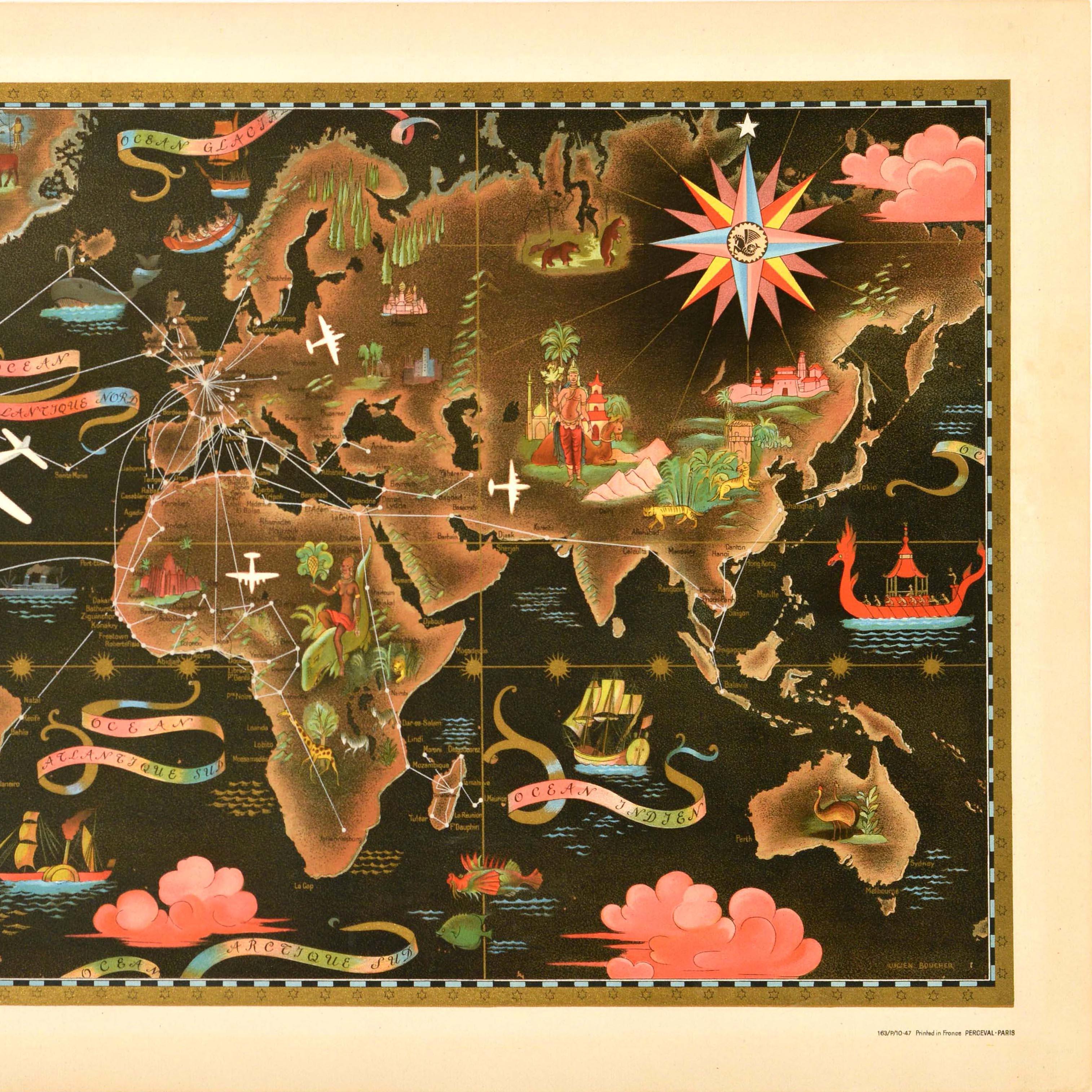 Affiche vintage originale de voyage Air France Planisphere Map Lucien Boucher Bon état - En vente à London, GB