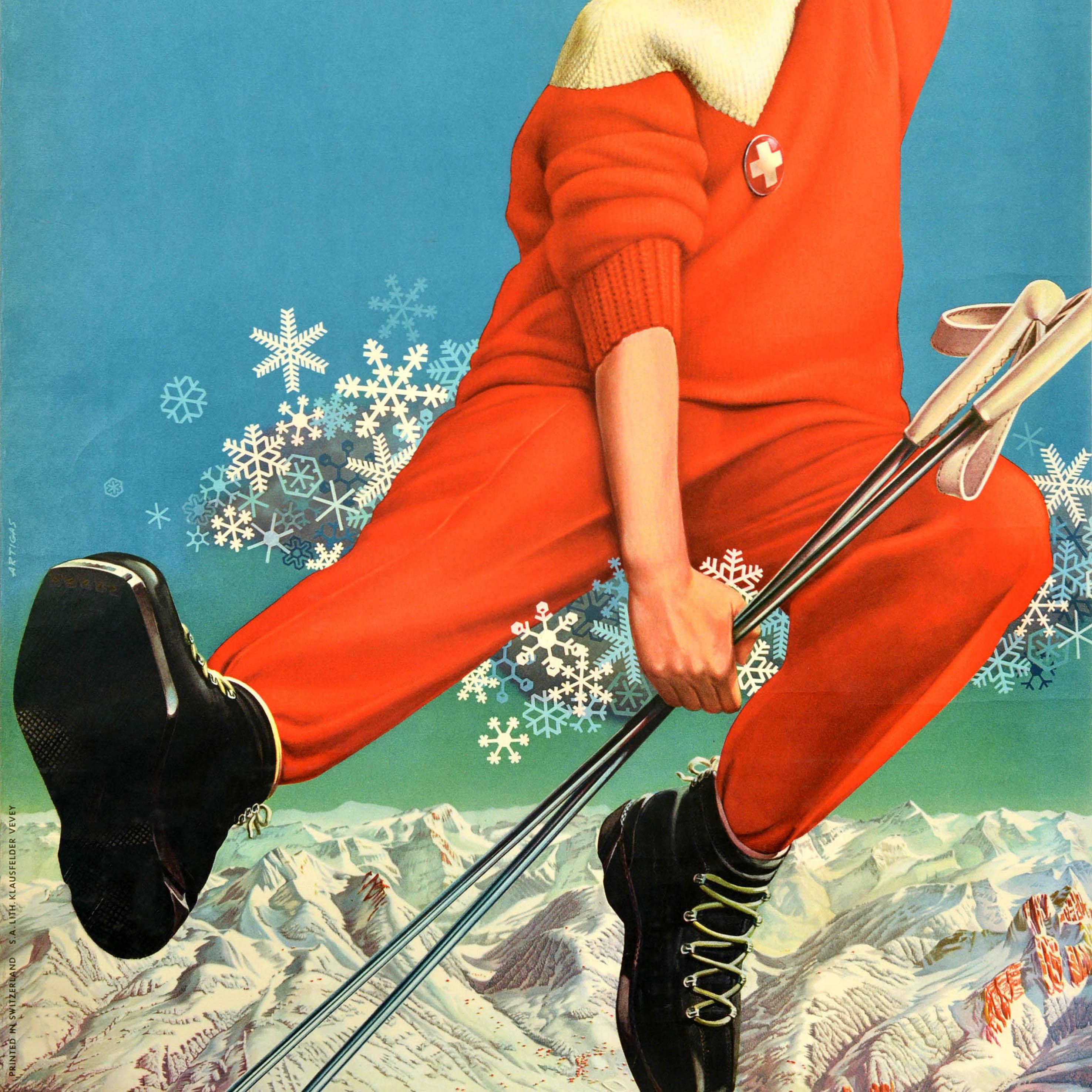 Affiche rétro originale de voyage, Ski, Gstaad, Suisse, Sports d'hiver, Alpes Bon état - En vente à London, GB