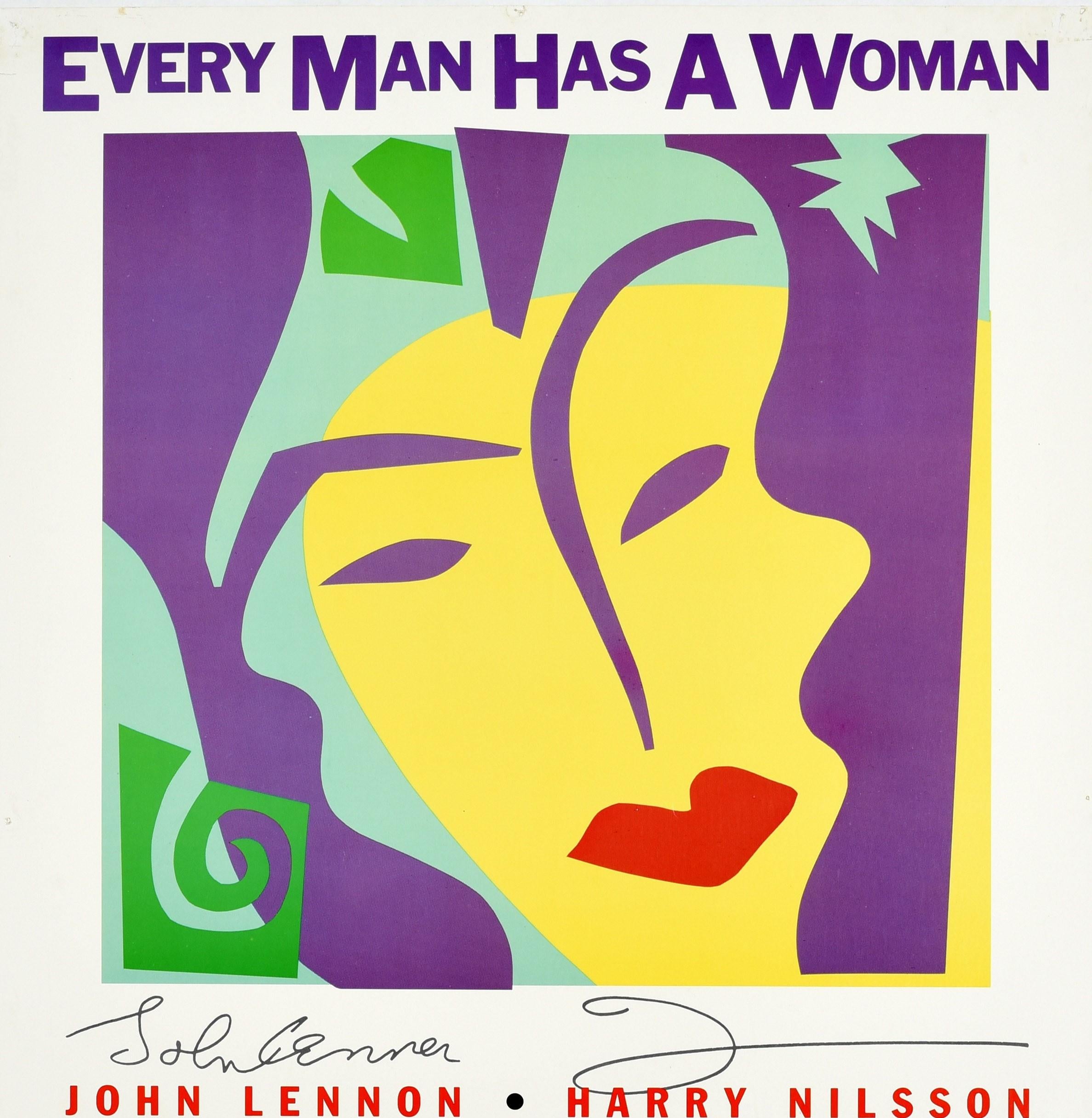 Original vintage music advertising poster for a tribute album Every Man Has A Woman compiled by John Lennon for Yoko Ono on her 50th birthday, released in November 1984 featuring the colourful collage style Grammy nominated cover design by George