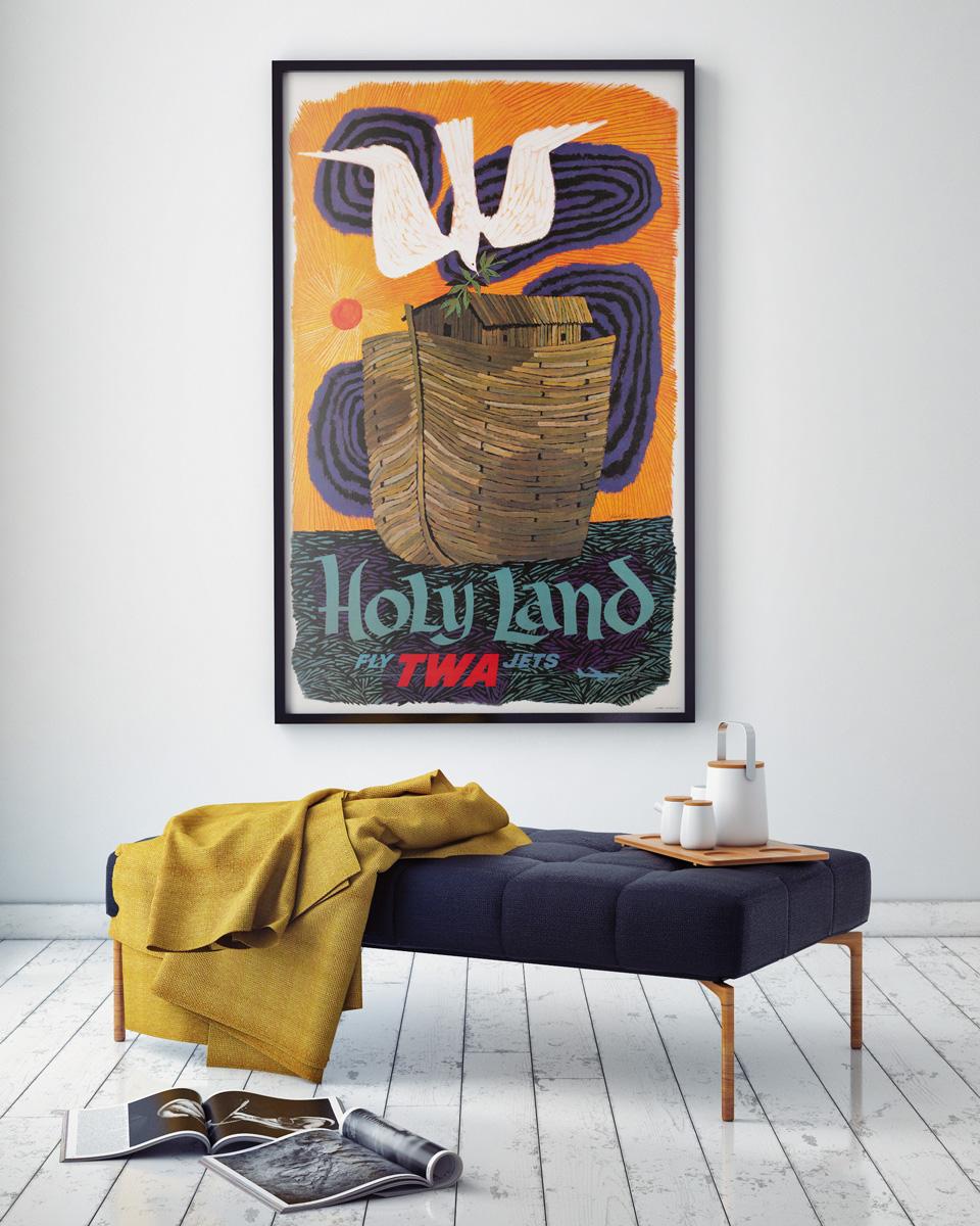 Original vintage TWA Holy Land 1960s travel advertising poster featuring a wonderful design by American artist David Klein. We adore Klein's typically stylised and colourful design of a dove carrying an olive branch in its beak is approaching Noah's