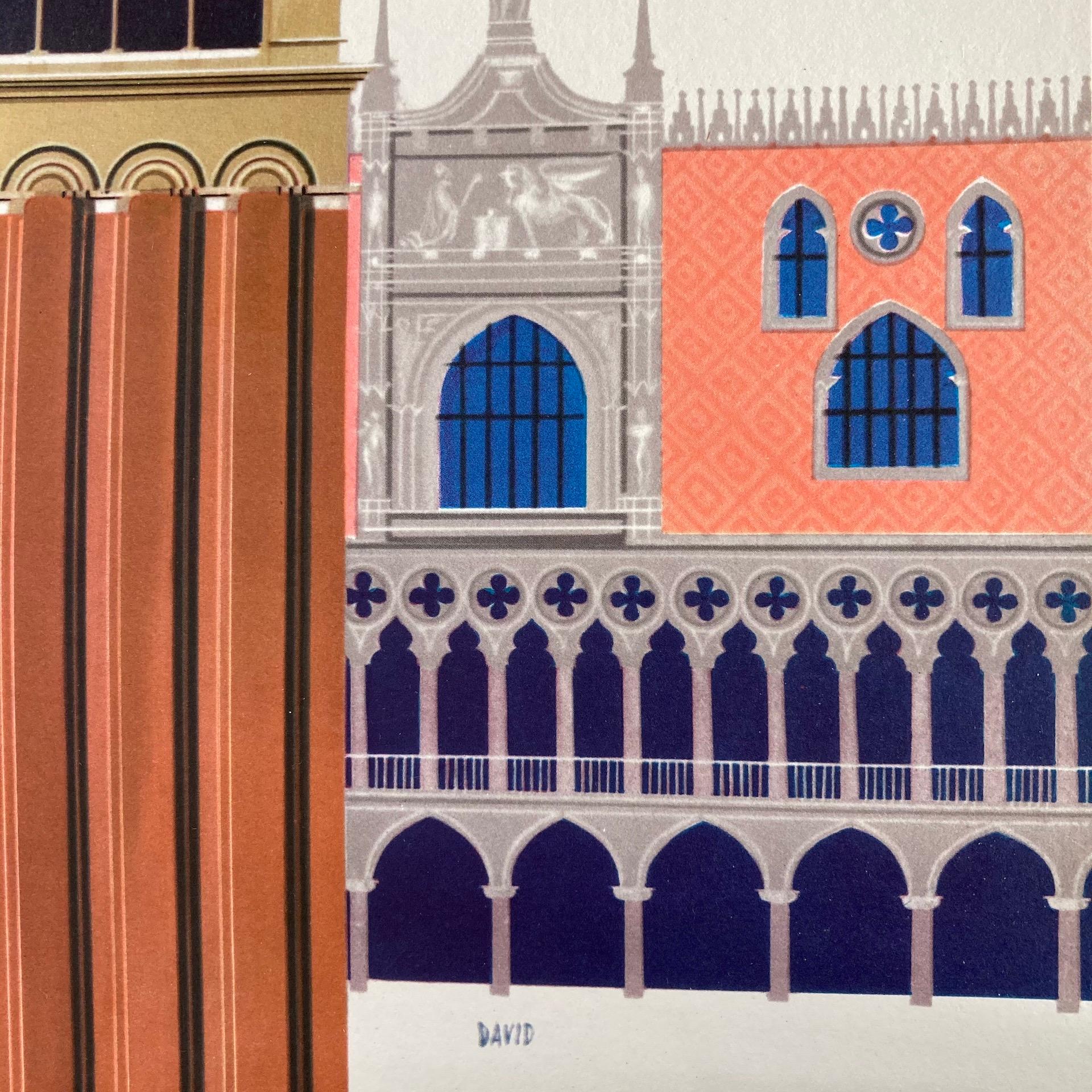 Affiche publicitaire originale de voyage - Fly TWA Italy - représentant une belle image de l'artiste américain David Klein (1918-2005) d'une vue de la place Saint-Marc à Venise avec des oiseaux volant autour de la tour historique de San Marco, un