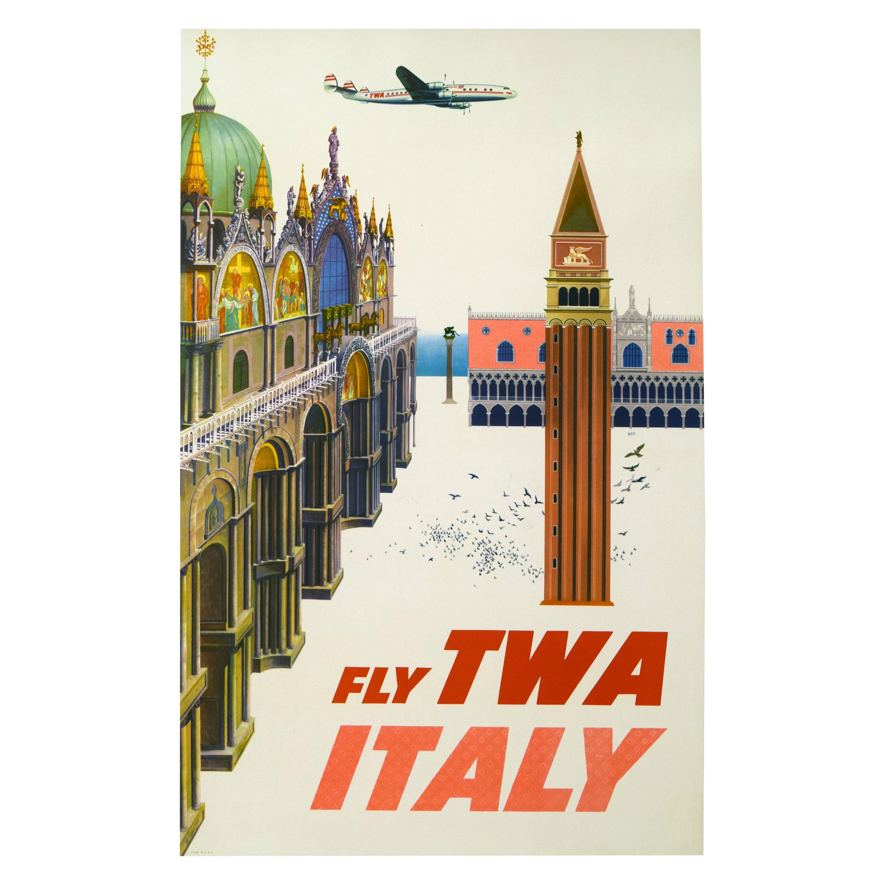 Original Vintage TWA Italy 1950s Travel Airline Poster, Klein