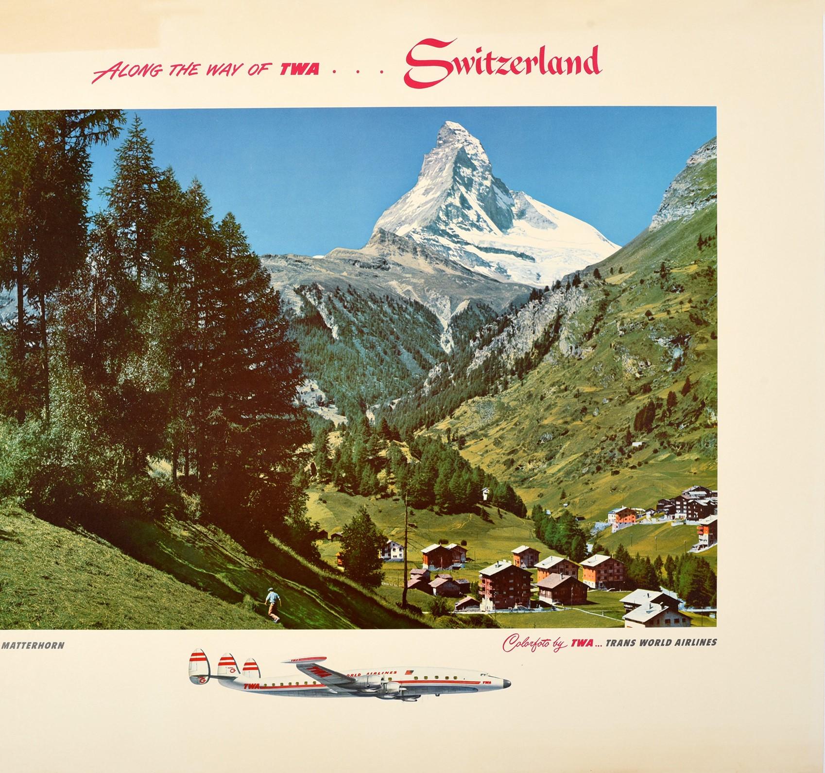 Original Vintage TWA Poster The Matterhorn Switzerland Alps Trans World Airlines In Good Condition In London, GB