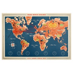 Original Vintage TWA Poster Trans World Airline Route Map Art Europe Africa Asia