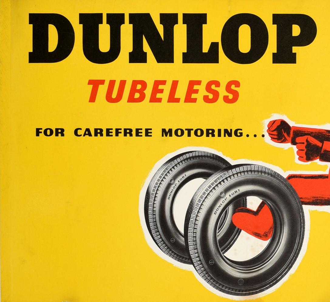 Rare original vintage advertising poster for Dunlop featuring a fun and colourful mid-century illustration by the French graphic artist Raymond Savignac (1907-2002) depicting a smiling man wearing a suit and hat driving a car with only the tyres