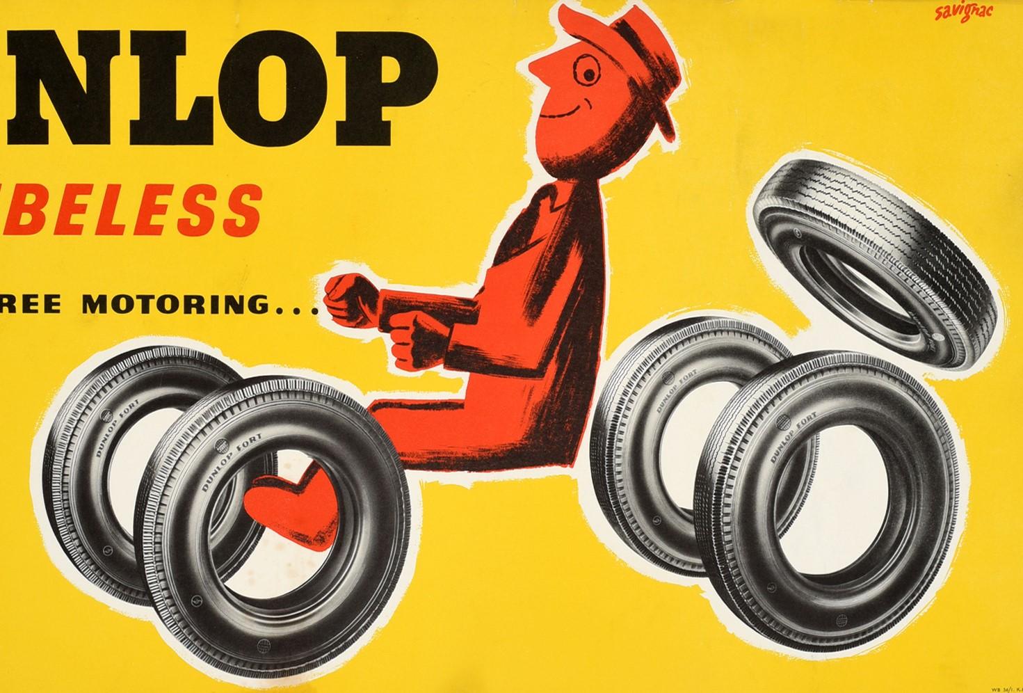British Original Vintage Tyre Advertising Poster, Dunlop Tubeless for Carefree Motoring