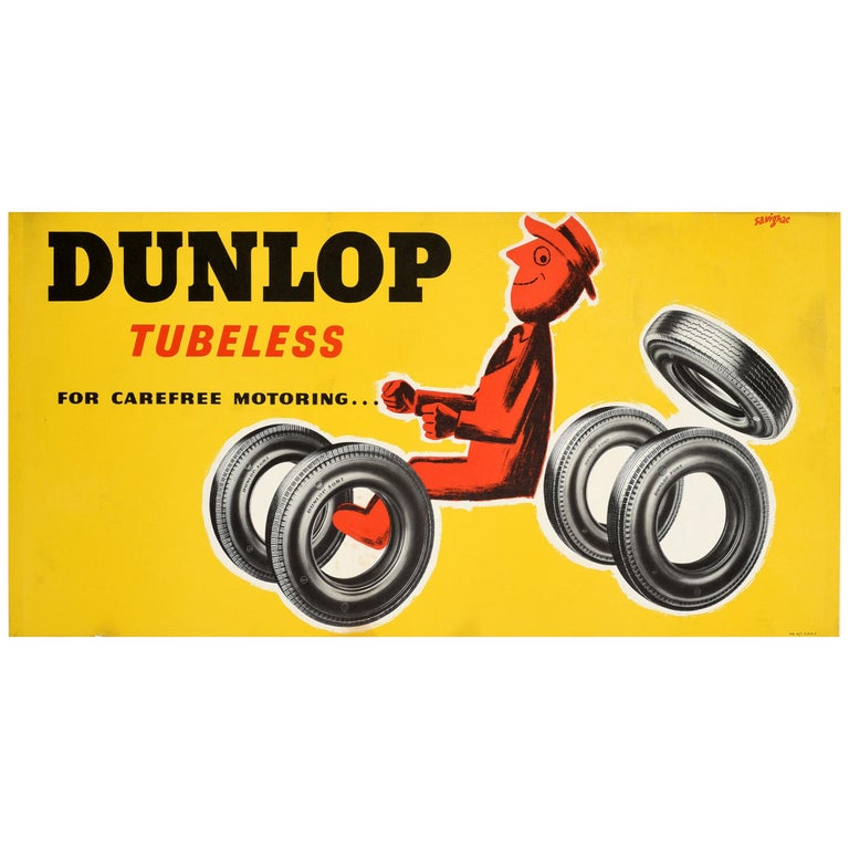 Original Vintage Tyre Advertising Poster, Dunlop Tubeless for Carefree  Motoring