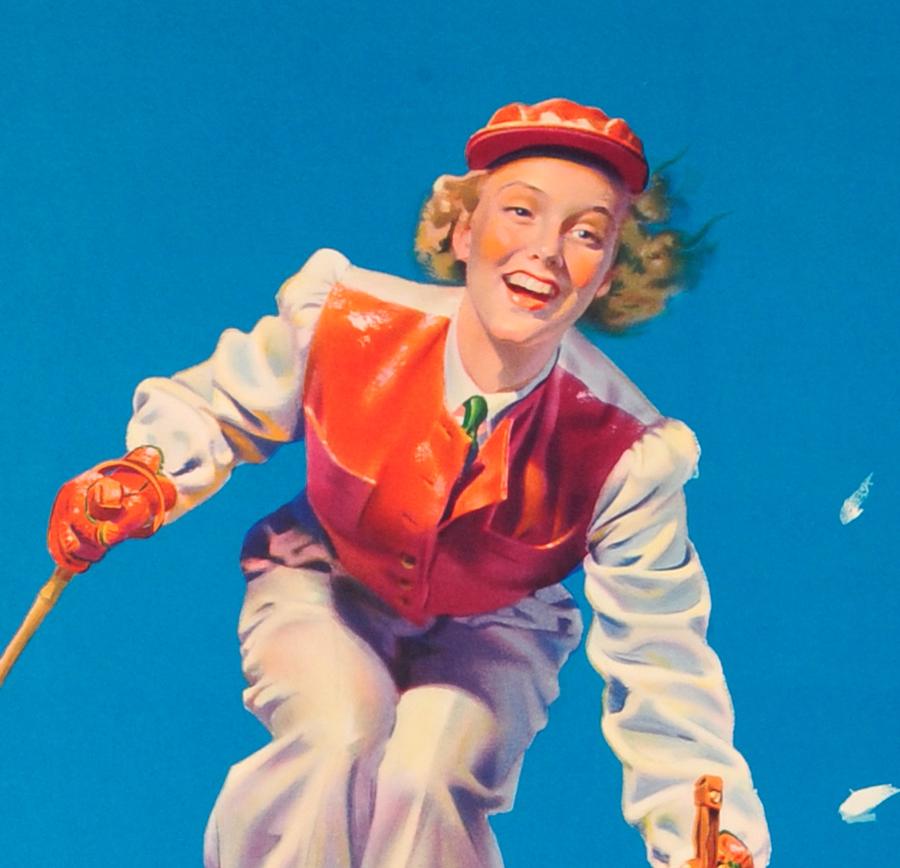 Original-Reifenwerbeplakat für US Royal Tires mit einer großartigen Illustration einer lächelnden Dame mit roter Mütze und grüner Krawatte, die mit Holzskiern und Stöcken über einen schneebedeckten Hügel auf den Betrachter zufährt, darunter der